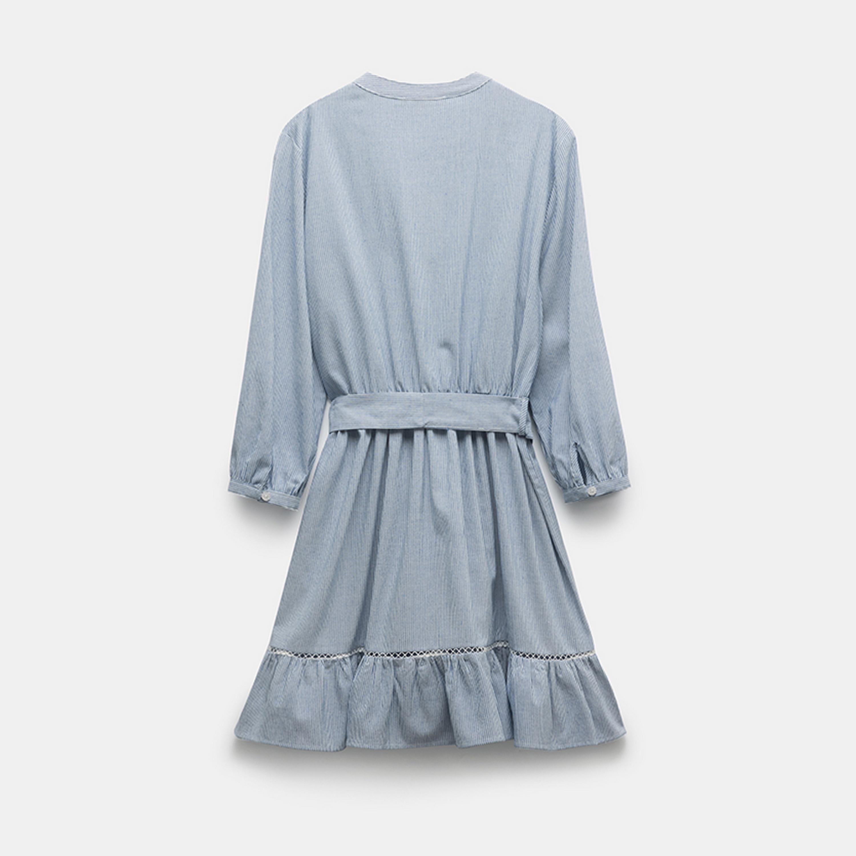 KOTON Blue Striped Mandarin Collar Women's Mini Dress With Belt-women-clothing-dresses-image-5
