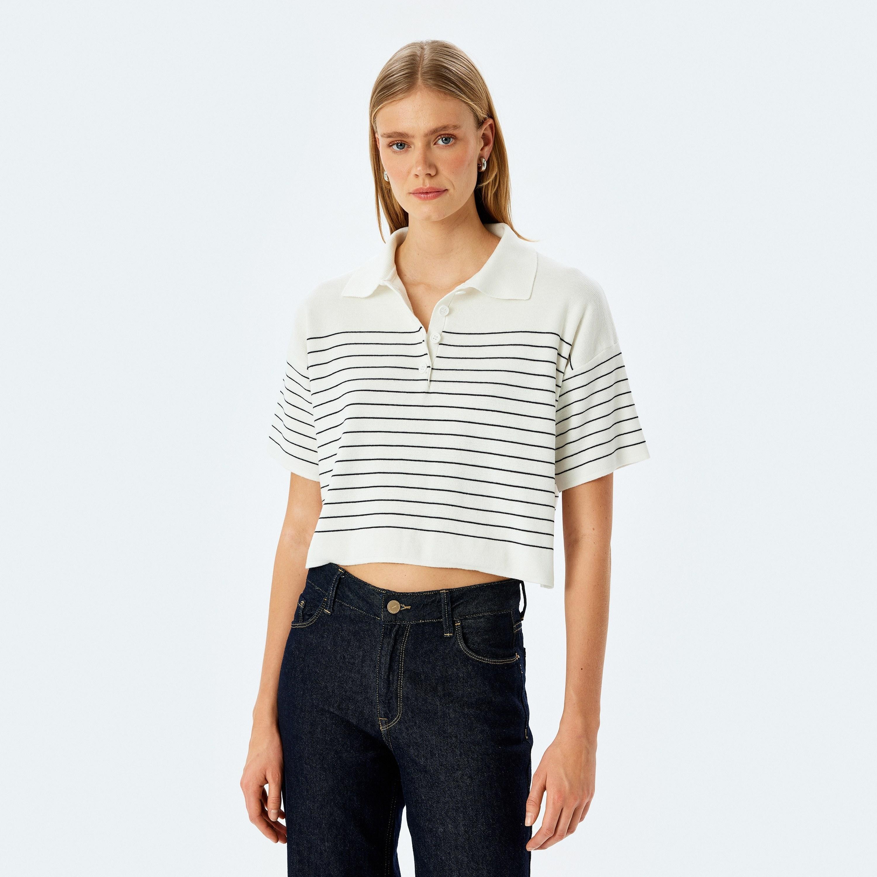 Koton White Striped Polo Collar Short Sleeves Women's Sweater-women-winterwear-cardigansandjumpers-jumpers-image-1