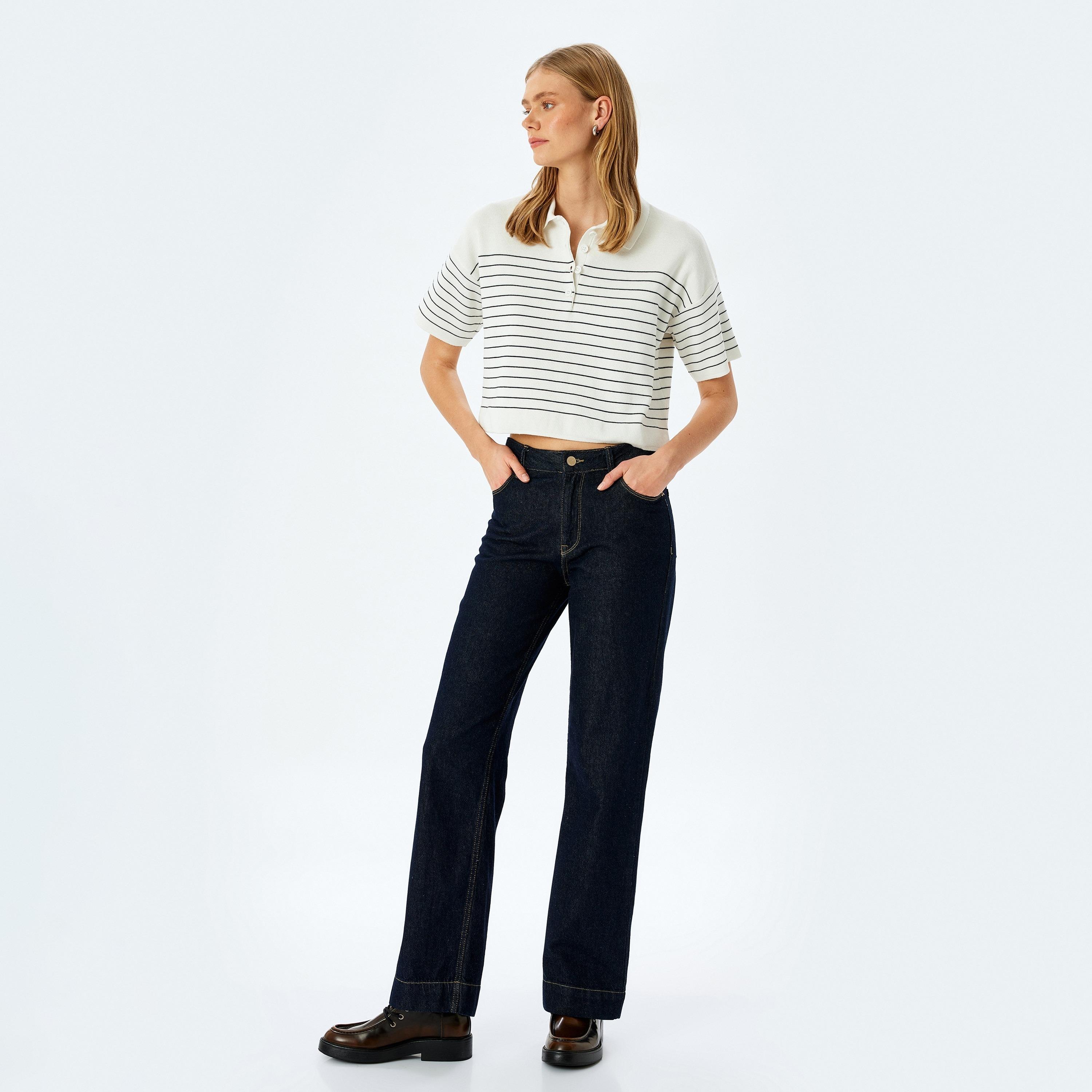 Koton White Striped Polo Collar Short Sleeves Women's Sweater-women-winterwear-cardigansandjumpers-jumpers-image-2