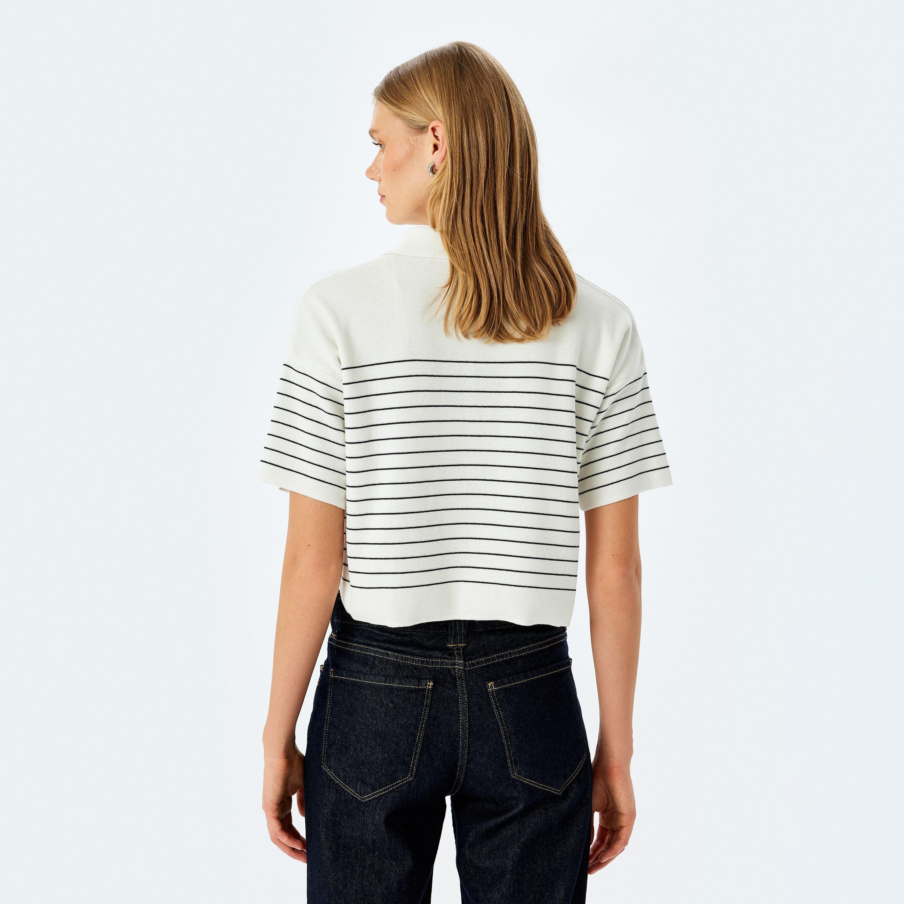 Koton White Striped Polo Collar Short Sleeves Women's Sweater-women-winterwear-cardigansandjumpers-jumpers-image-3