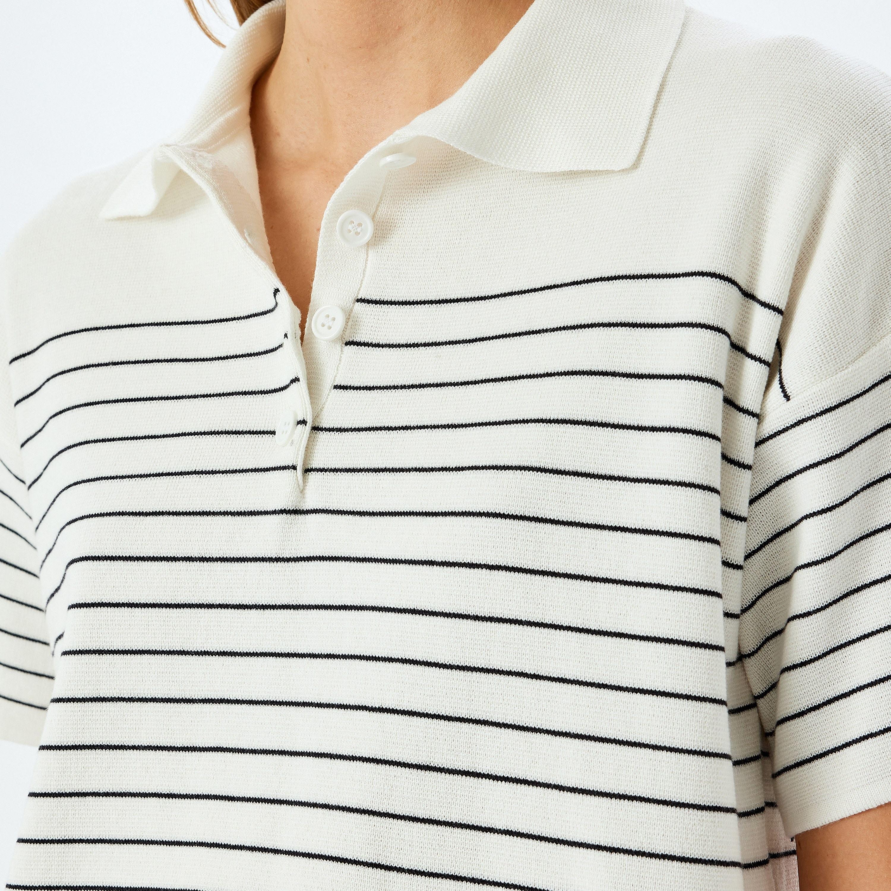 Koton White Striped Polo Collar Short Sleeves Women's Sweater-women-winterwear-cardigansandjumpers-jumpers-image-4
