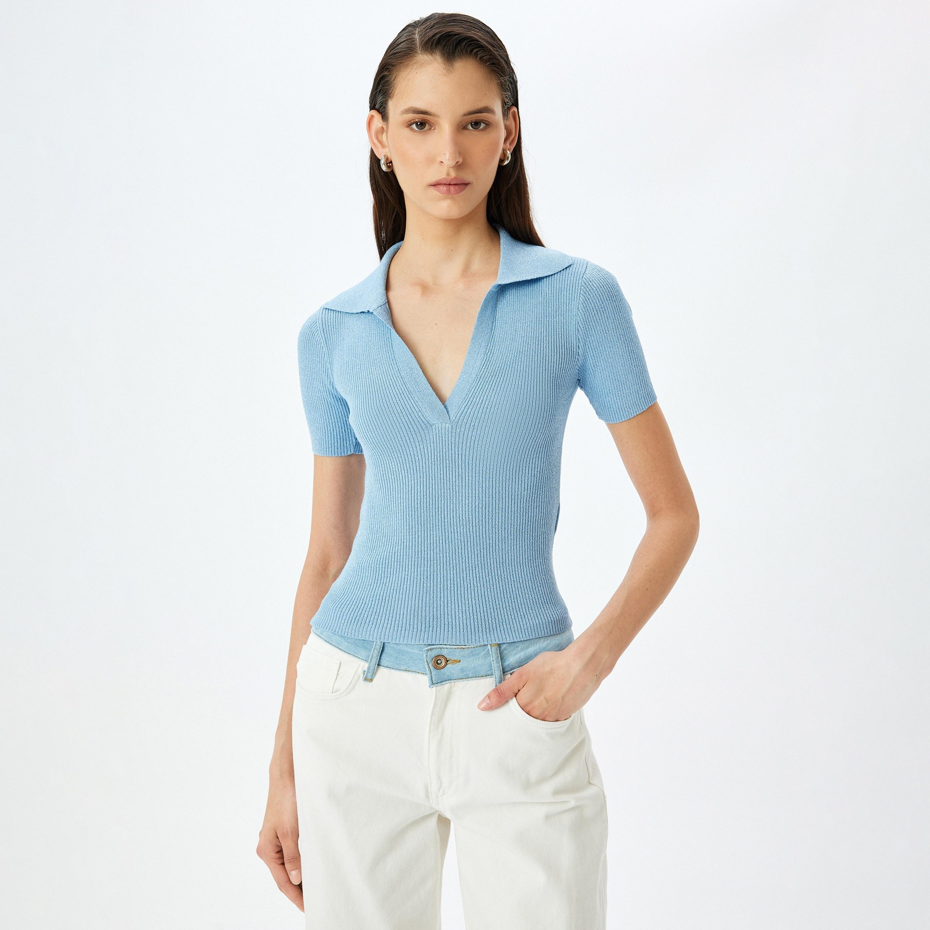 سترة نسائية بياقة جوني بأكمام قصيرة بياقة كوتون الزرقاء-women-clothing-cardigansandjumpers-jumpers-image-1