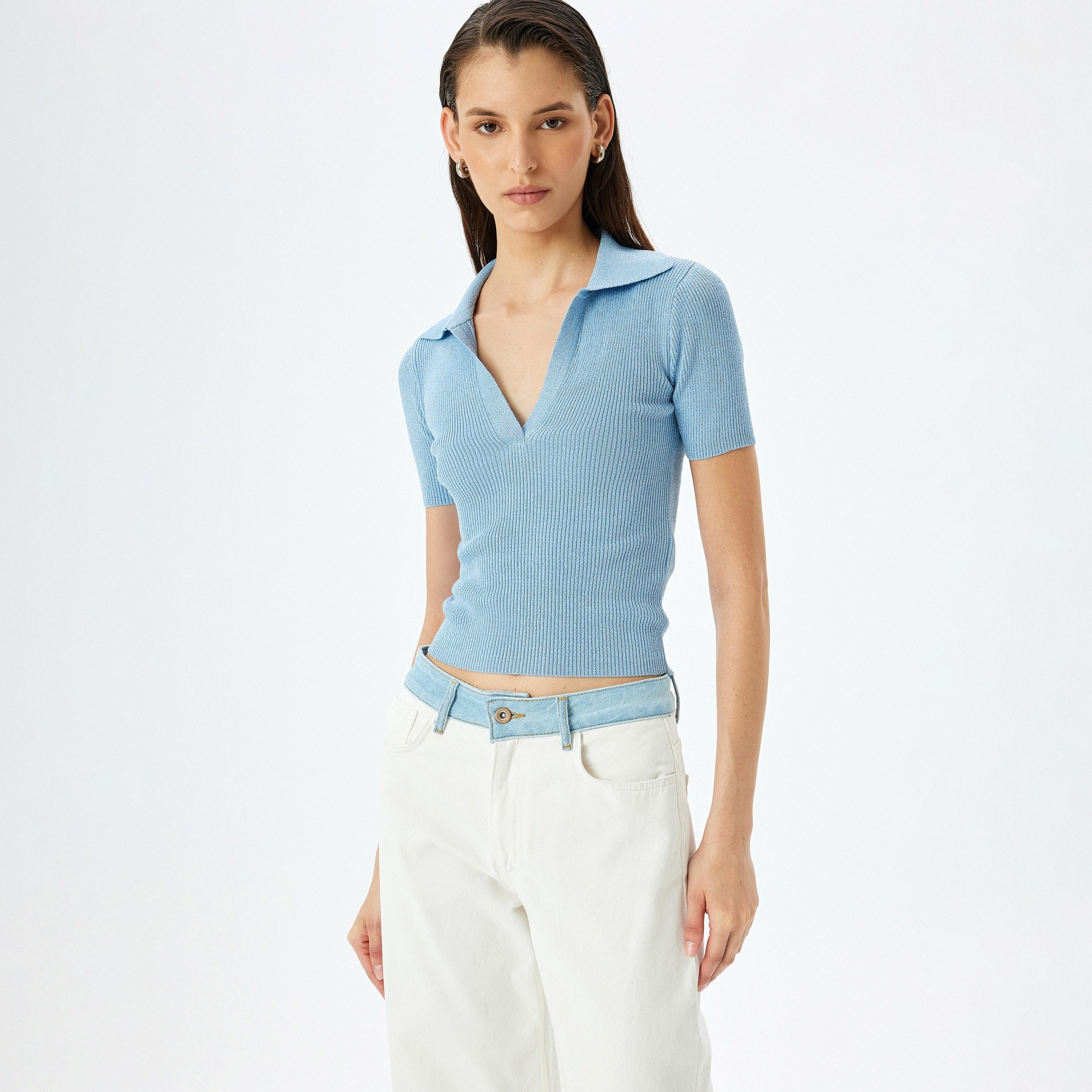 سترة نسائية بياقة جوني بأكمام قصيرة بياقة كوتون الزرقاء-women-clothing-cardigansandjumpers-jumpers-image-2