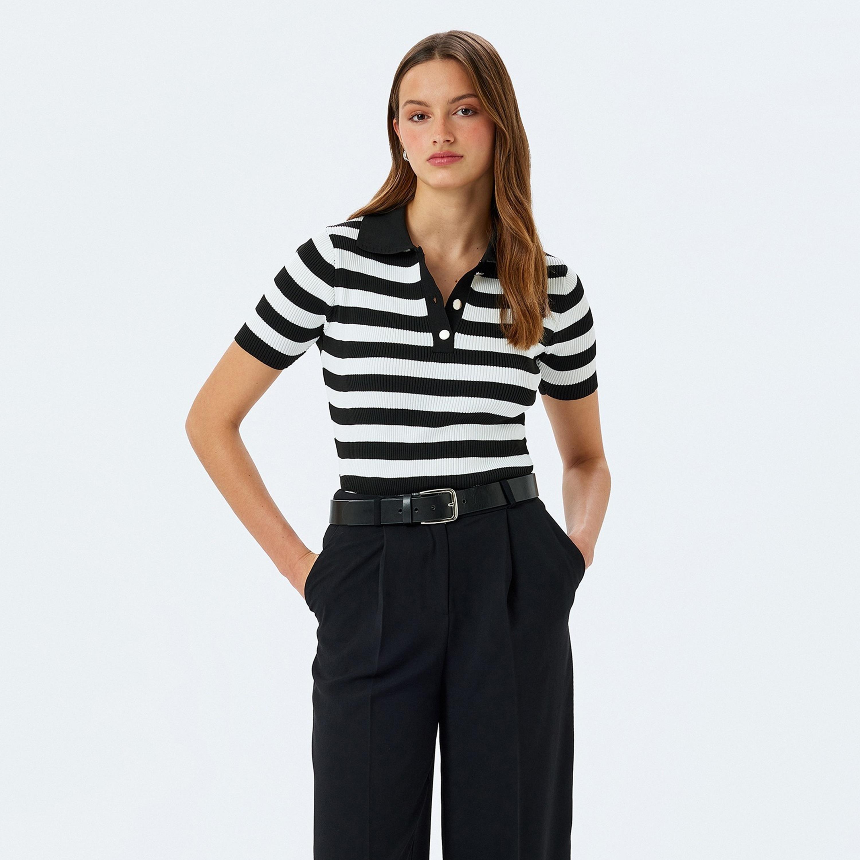 Koton Black Ribbed Polo Collar Short Sleeves Women's Sweater-women-winterwear-cardigansandjumpers-jumpers-image-1
