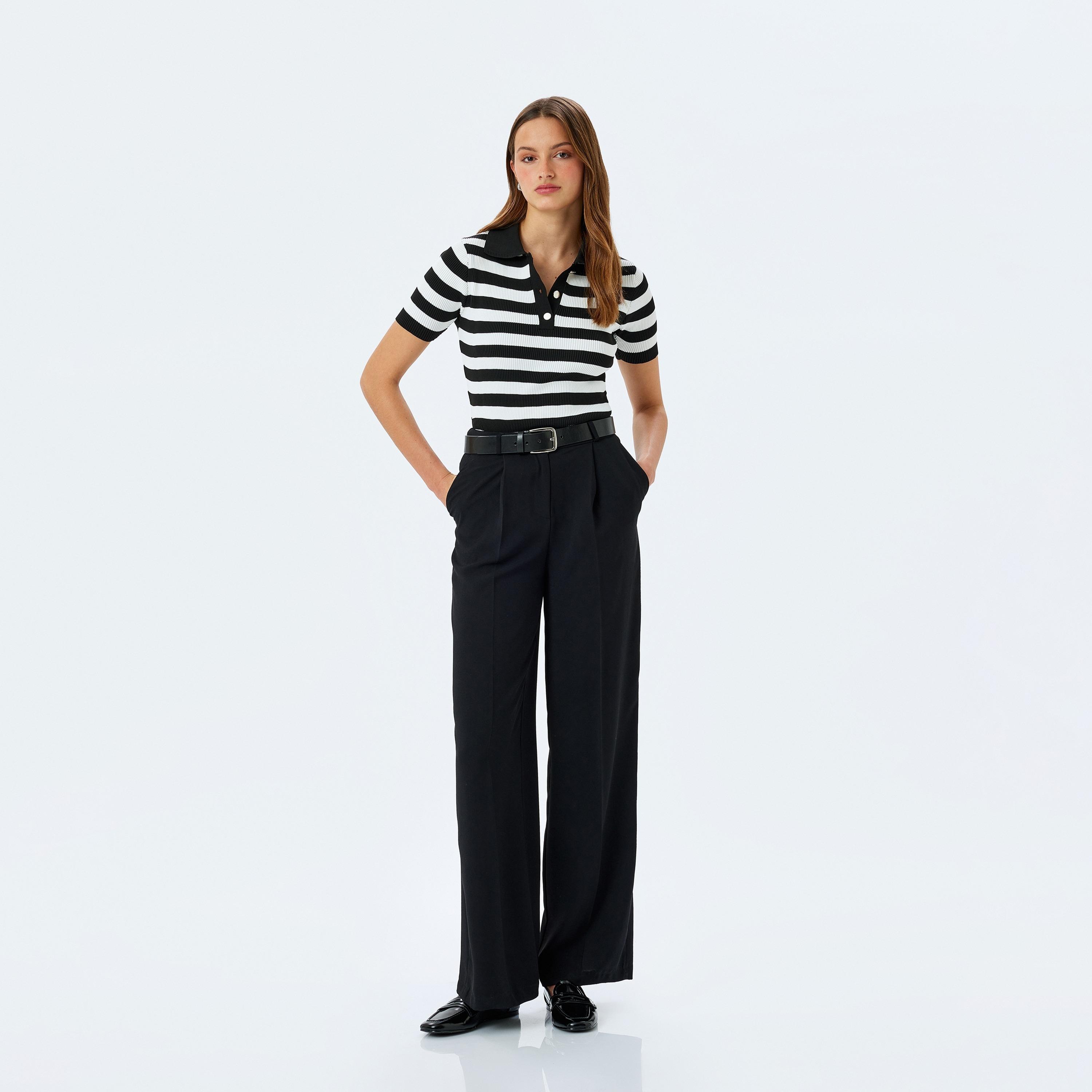 Koton Black Ribbed Polo Collar Short Sleeves Women's Sweater-women-winterwear-cardigansandjumpers-jumpers-image-2