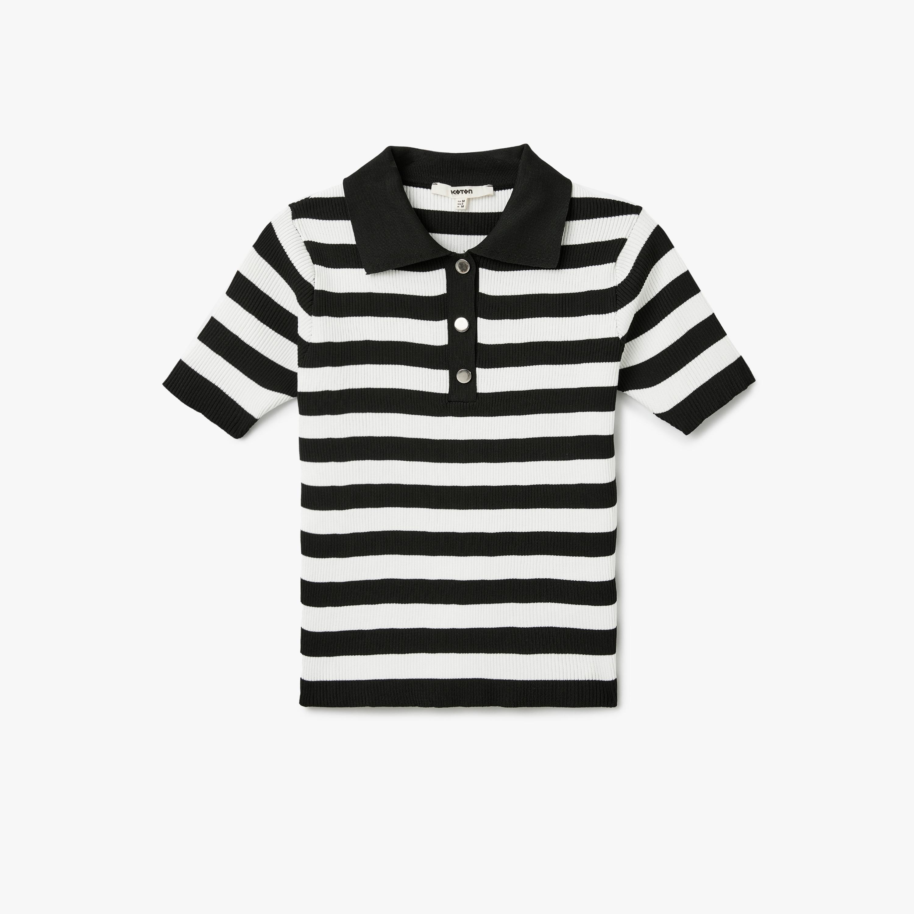 Koton Black Ribbed Polo Collar Short Sleeves Women's Sweater-women-winterwear-cardigansandjumpers-jumpers-image-3