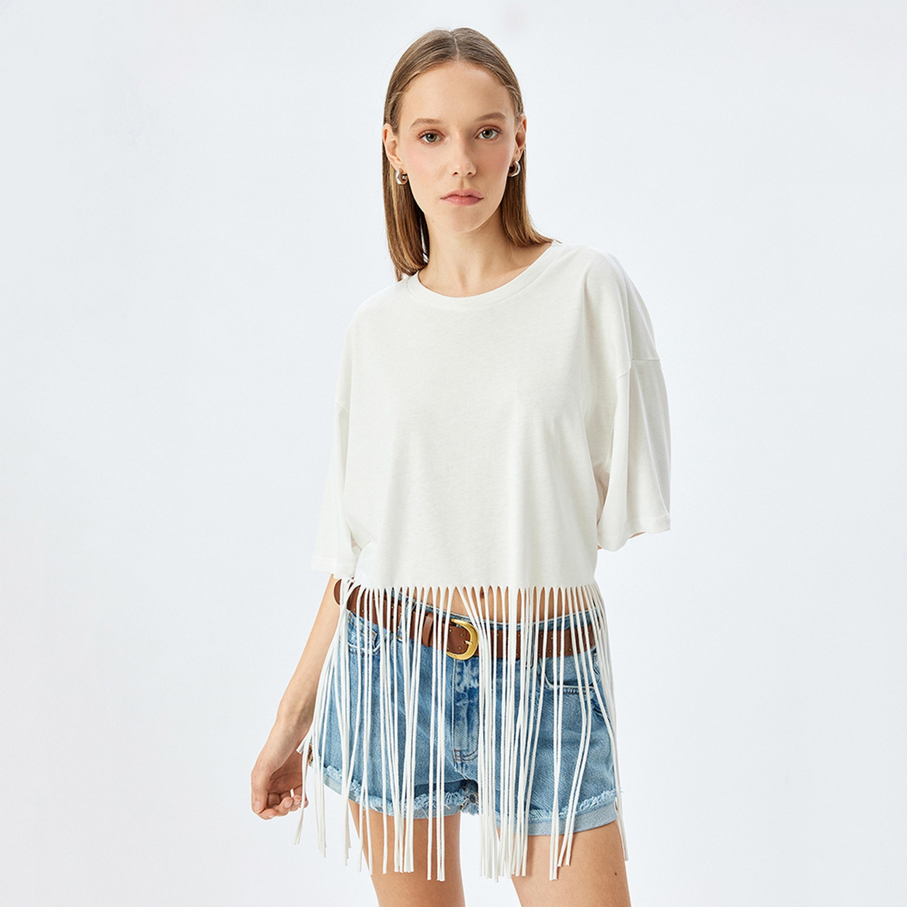 KOTON White Fringed Crew Neck Drop Shoulder Sleeves Women's Top-women-clothing-shirtsandblouses-blouses-image-1