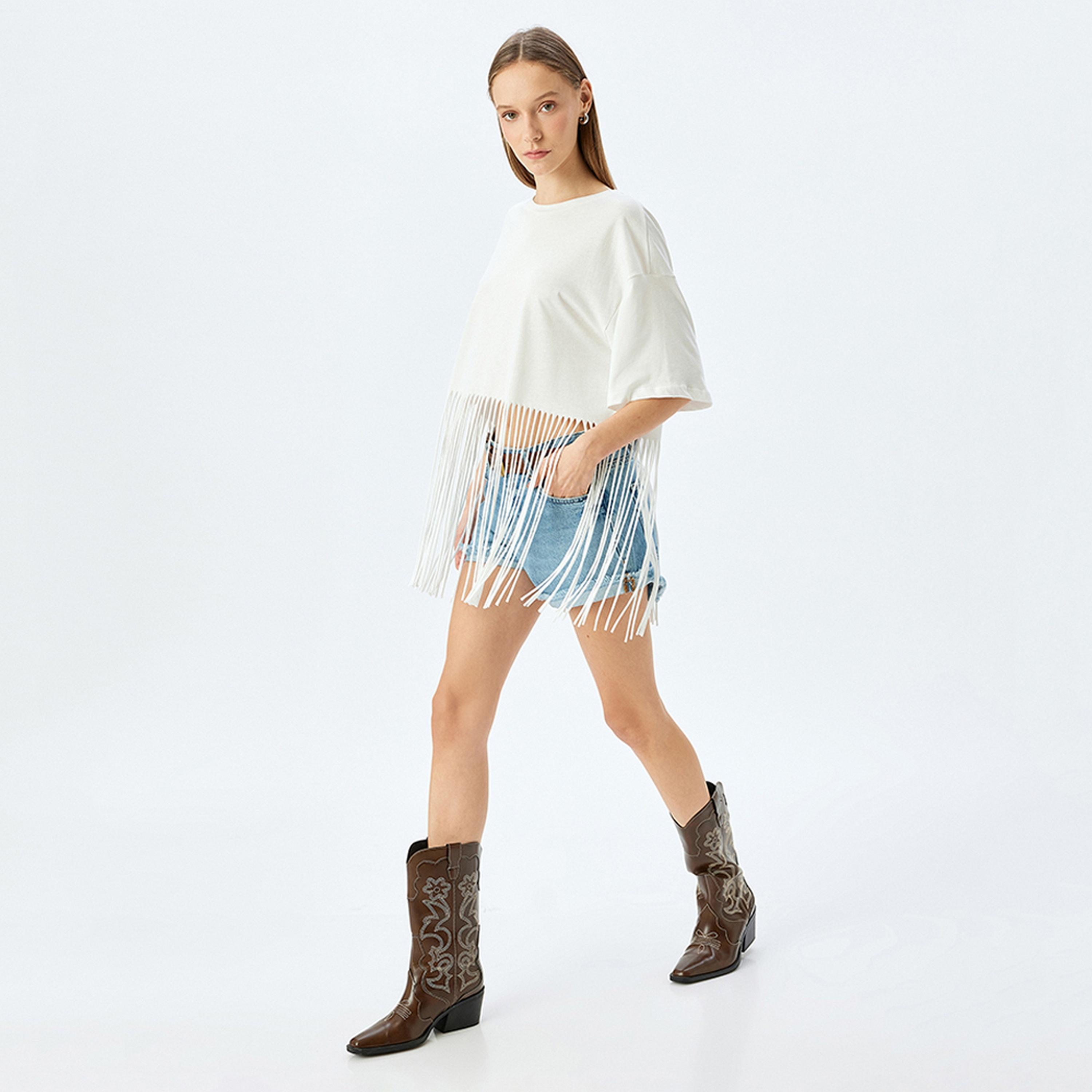 KOTON White Fringed Crew Neck Drop Shoulder Sleeves Women's Top-women-clothing-shirtsandblouses-blouses-image-2