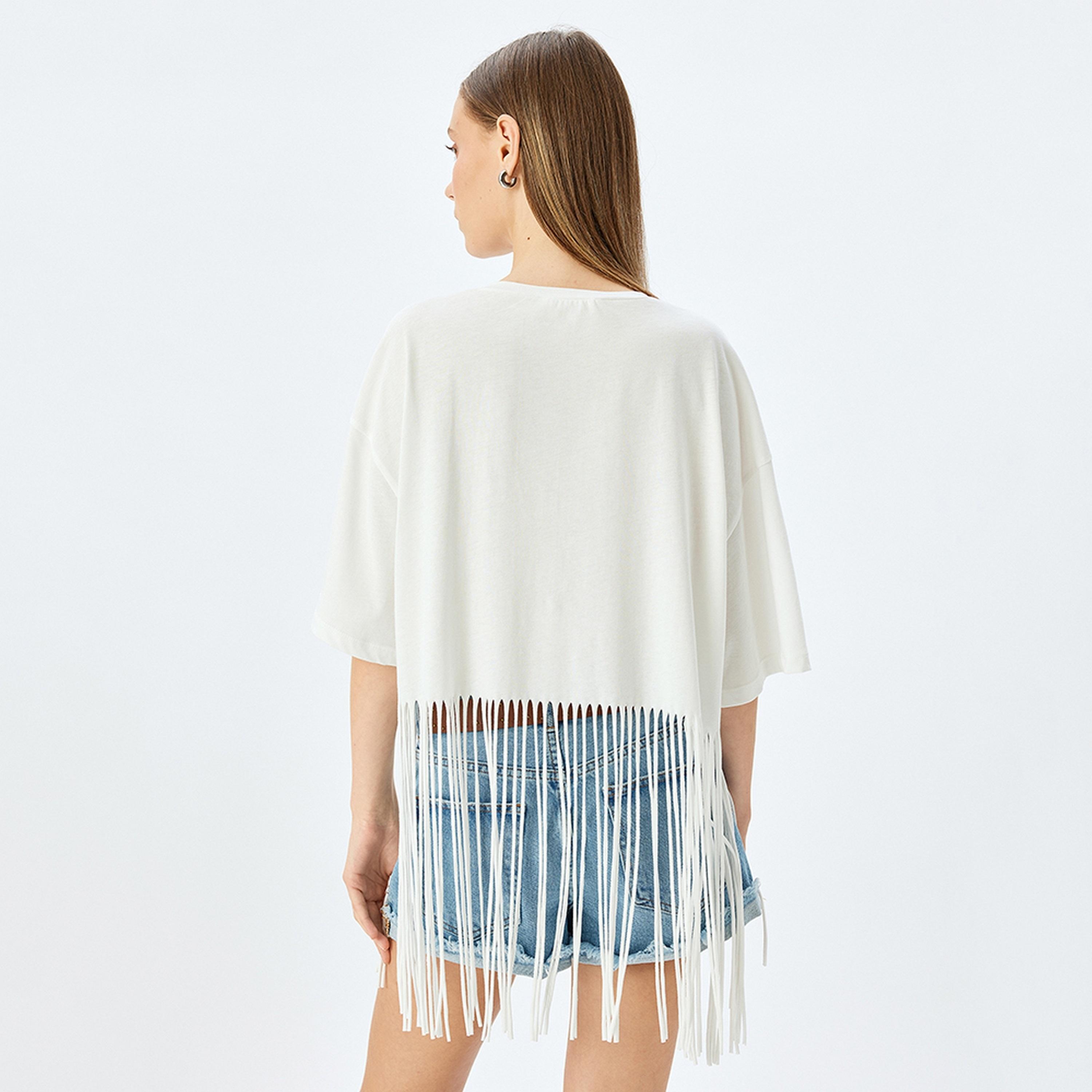 KOTON White Fringed Crew Neck Drop Shoulder Sleeves Women's Top-women-clothing-shirtsandblouses-blouses-image-3