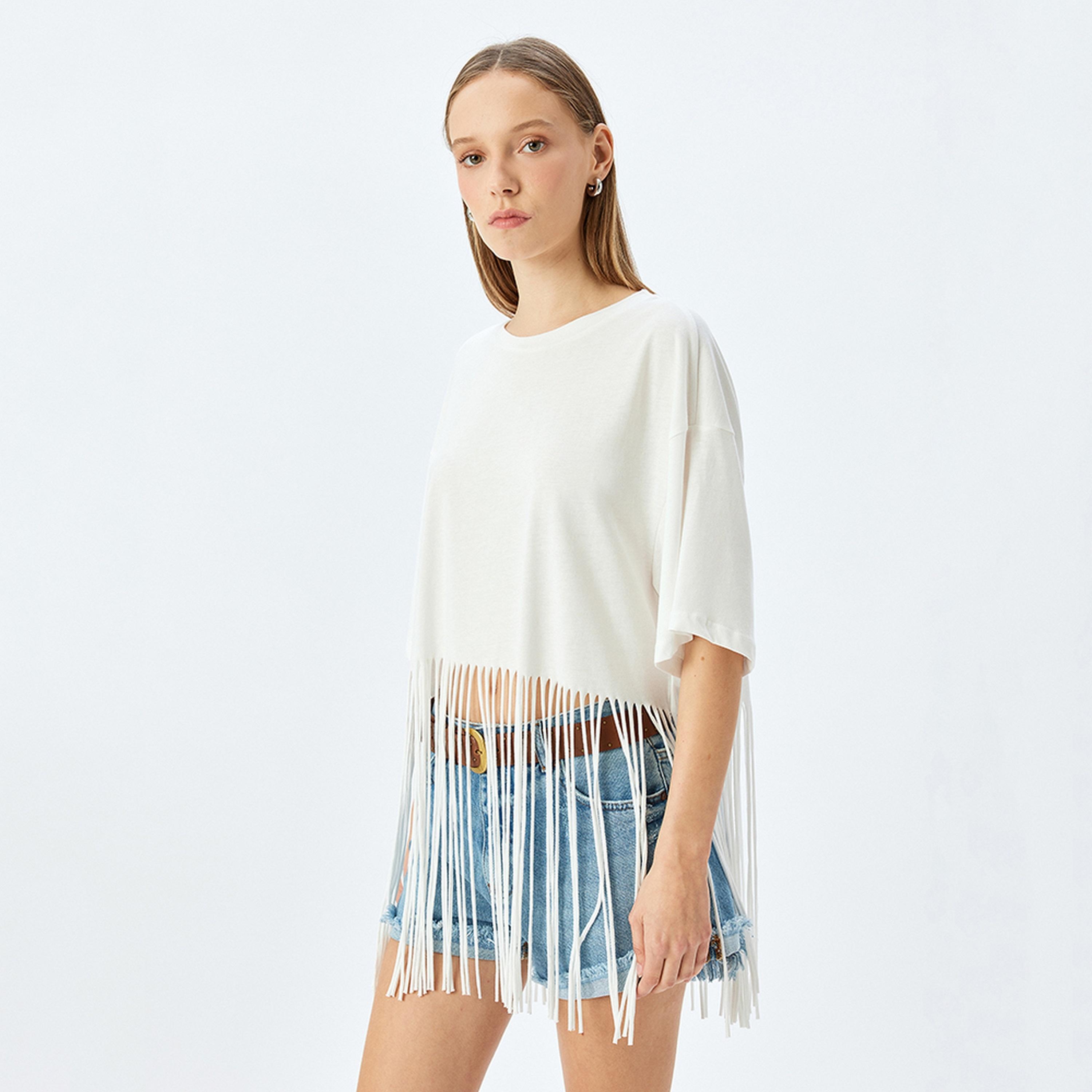 KOTON White Fringed Crew Neck Drop Shoulder Sleeves Women's Top-women-clothing-shirtsandblouses-blouses-image-5