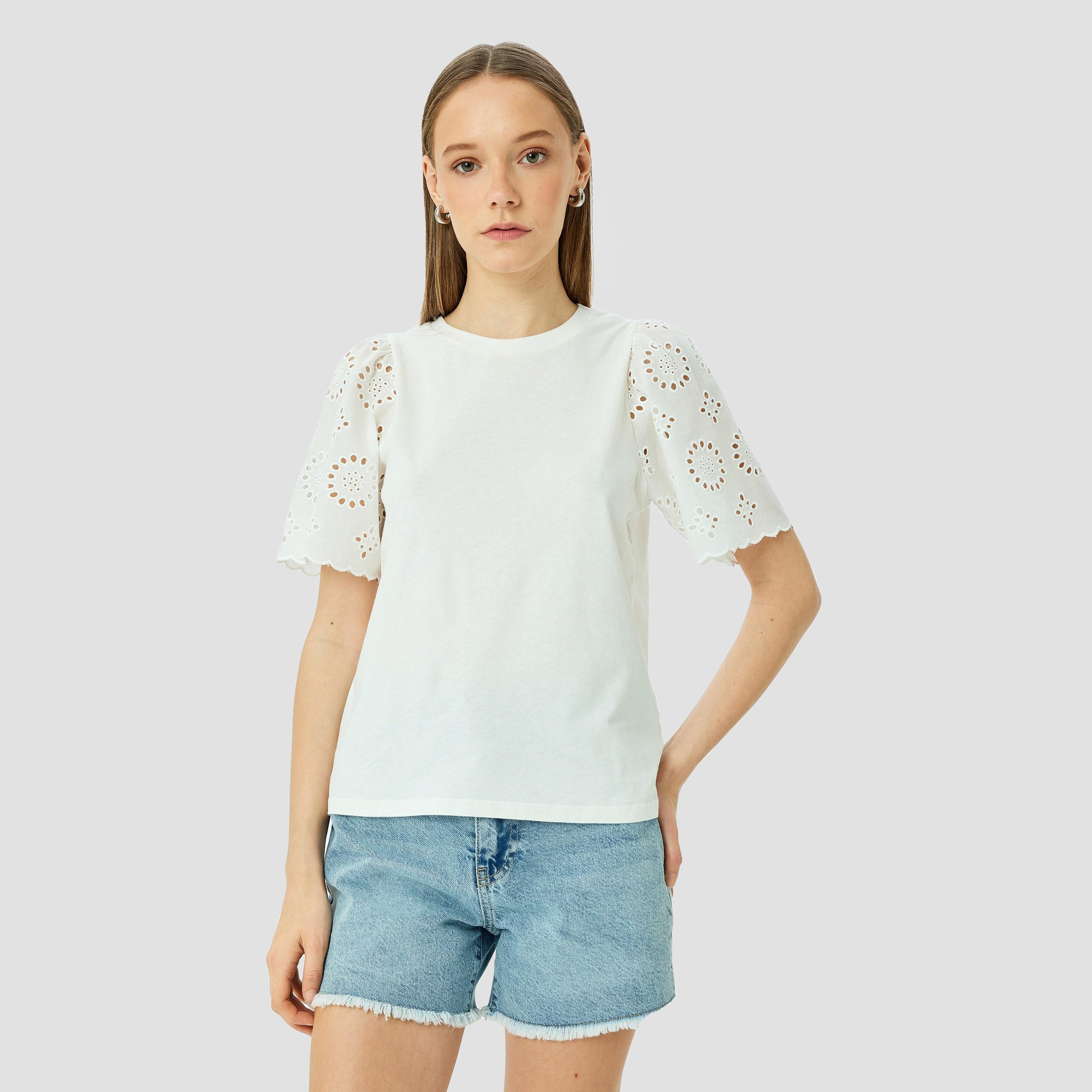 Koton White Schiffli Crew Neck Short Sleeves Women's Top-women-clothing-shirtsandblouses-blouses-image-1