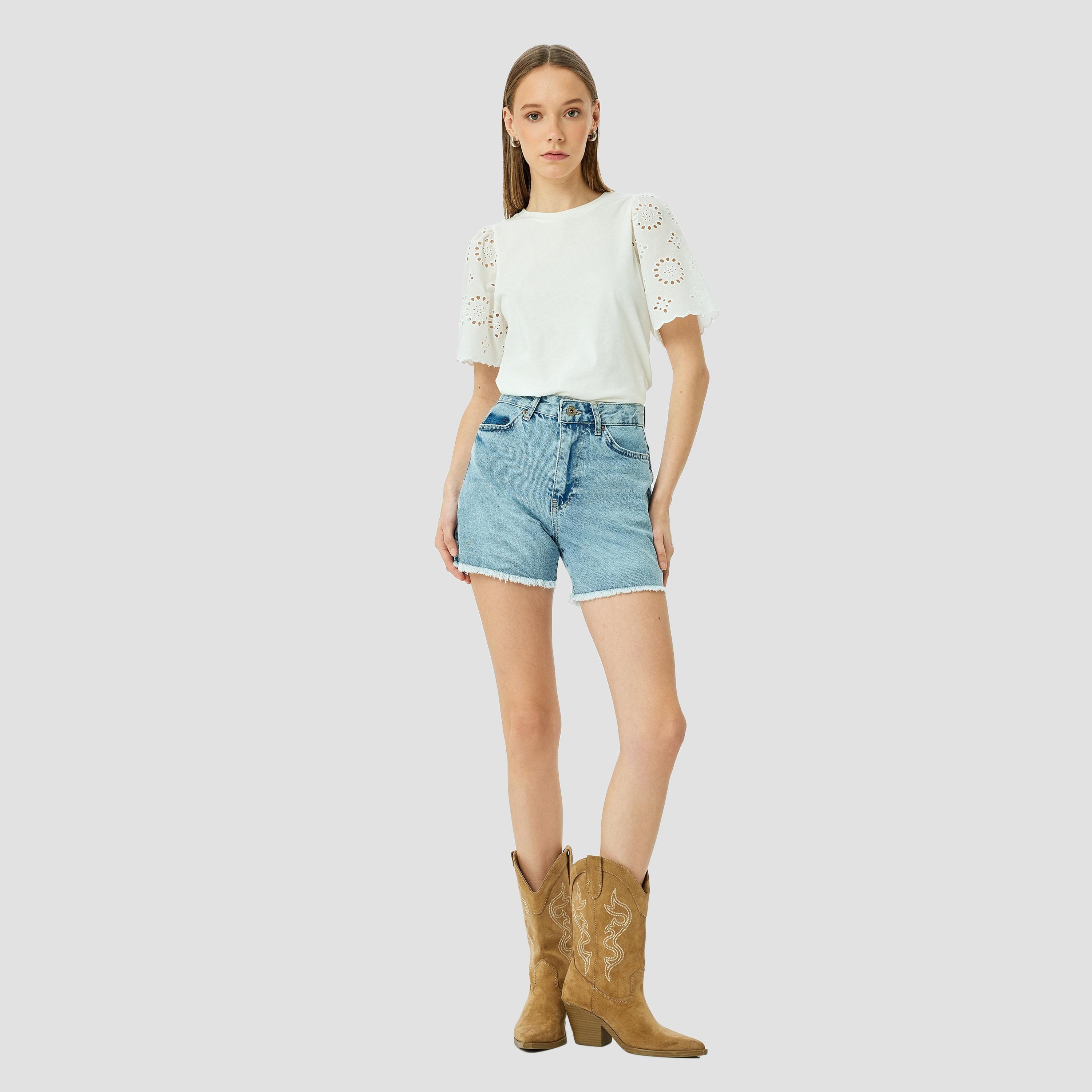 Koton White Schiffli Crew Neck Short Sleeves Women's Top-women-clothing-shirtsandblouses-blouses-image-2
