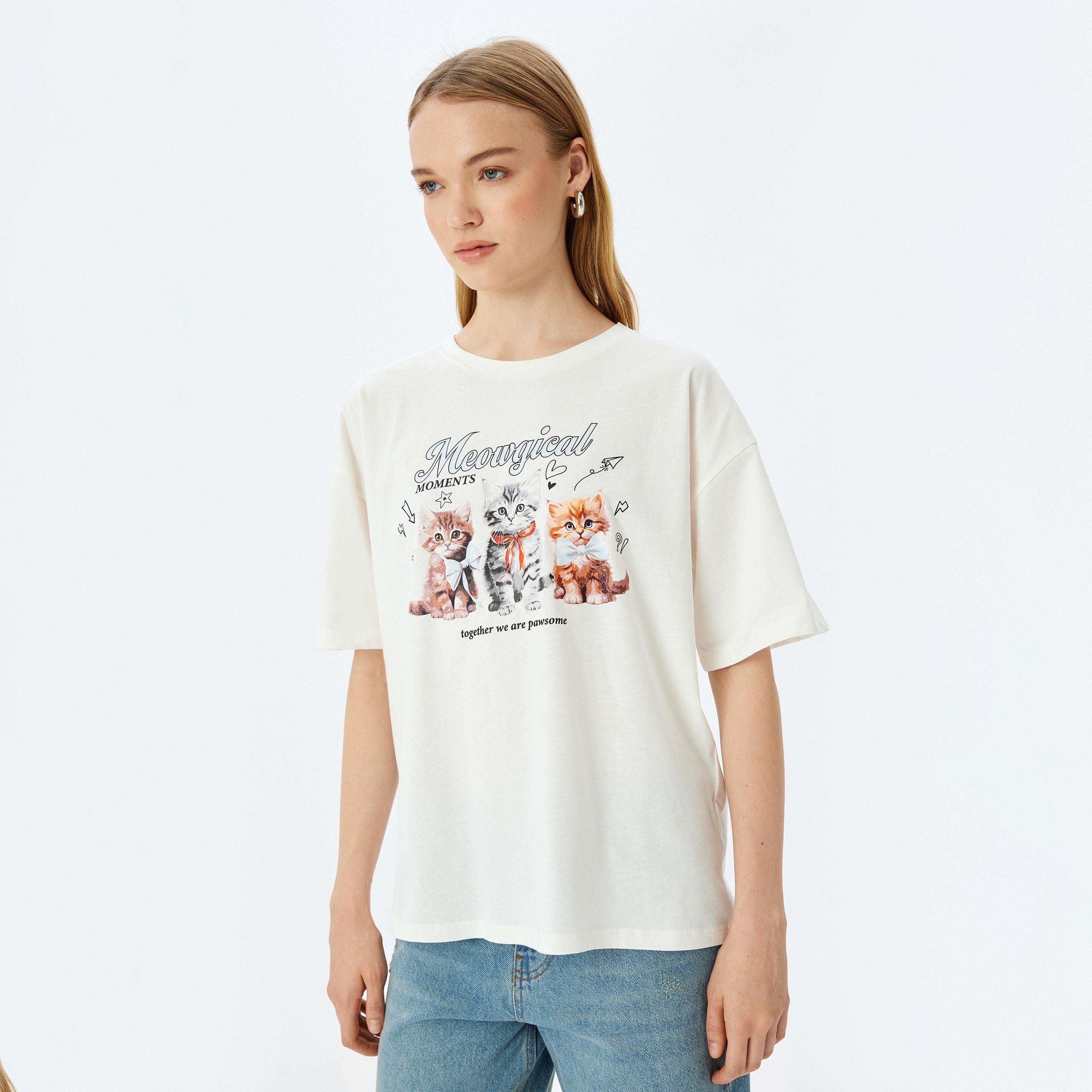 Koton White Graphic Cat Print Crew Neck Dropped Sleeves Women's T-Shirt-women-clothing-tshirts-image-1