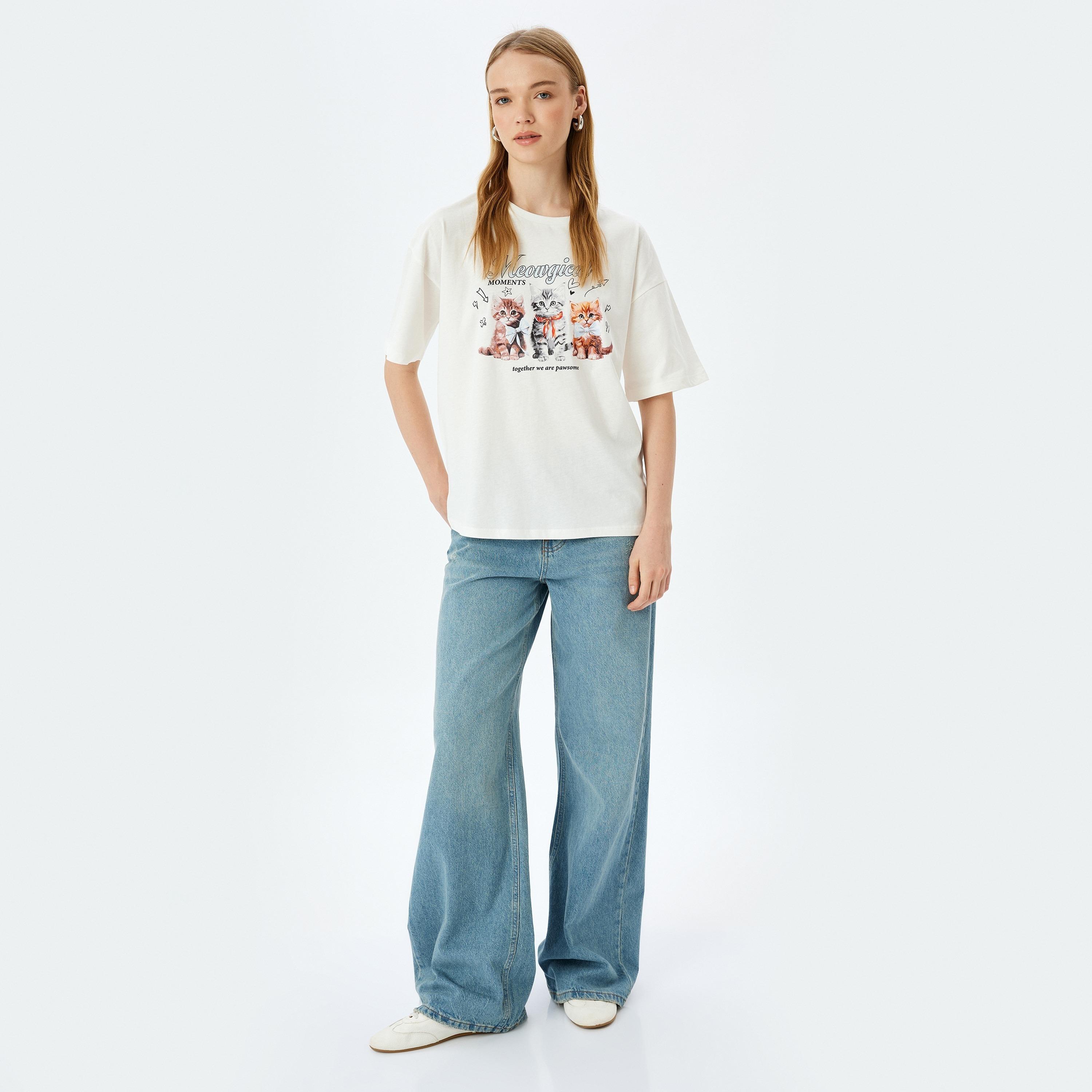 Koton White Graphic Cat Print Crew Neck Dropped Sleeves Women's T-Shirt-women-clothing-tshirts-image-2