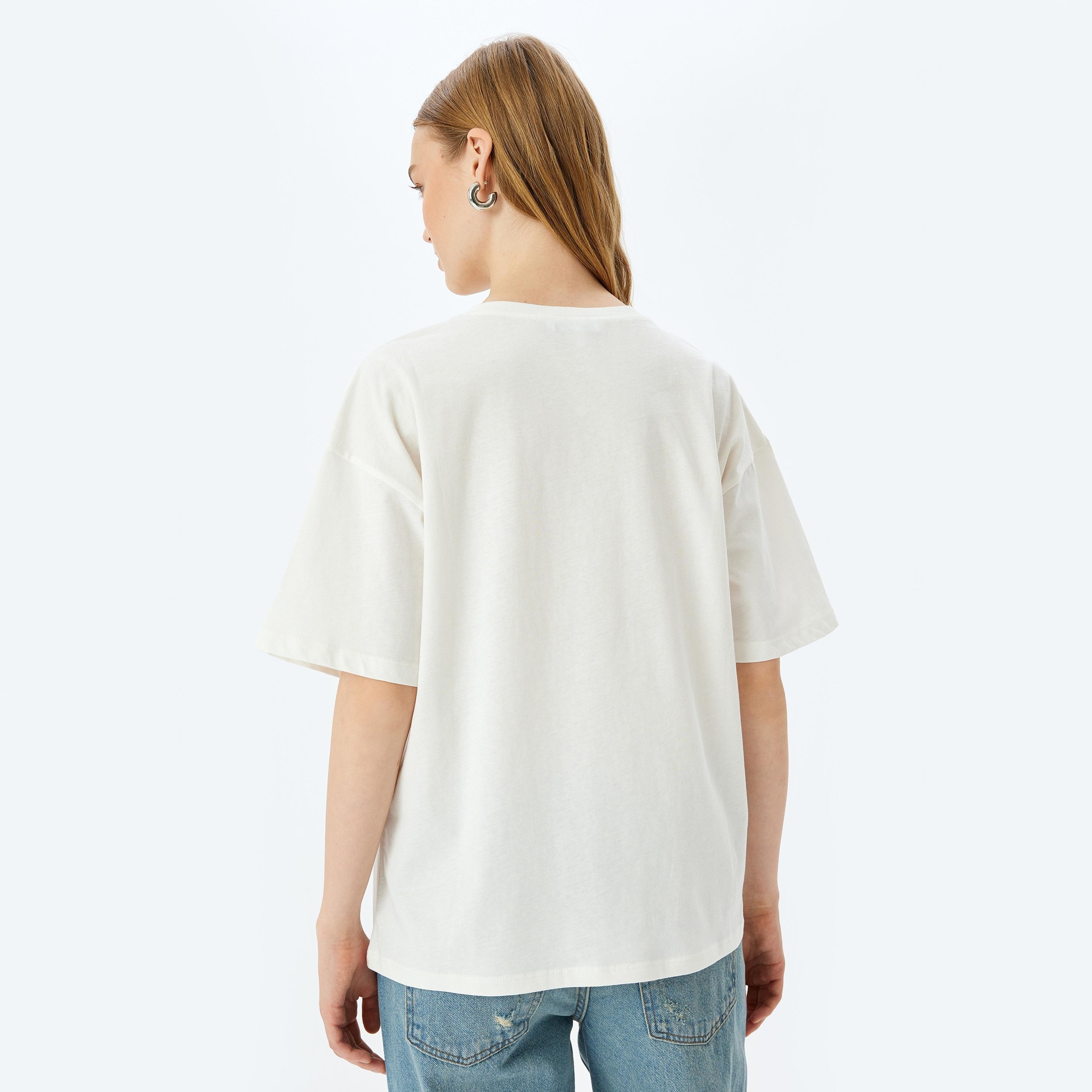 Koton White Graphic Cat Print Crew Neck Dropped Sleeves Women's T-Shirt-women-clothing-tshirts-image-3