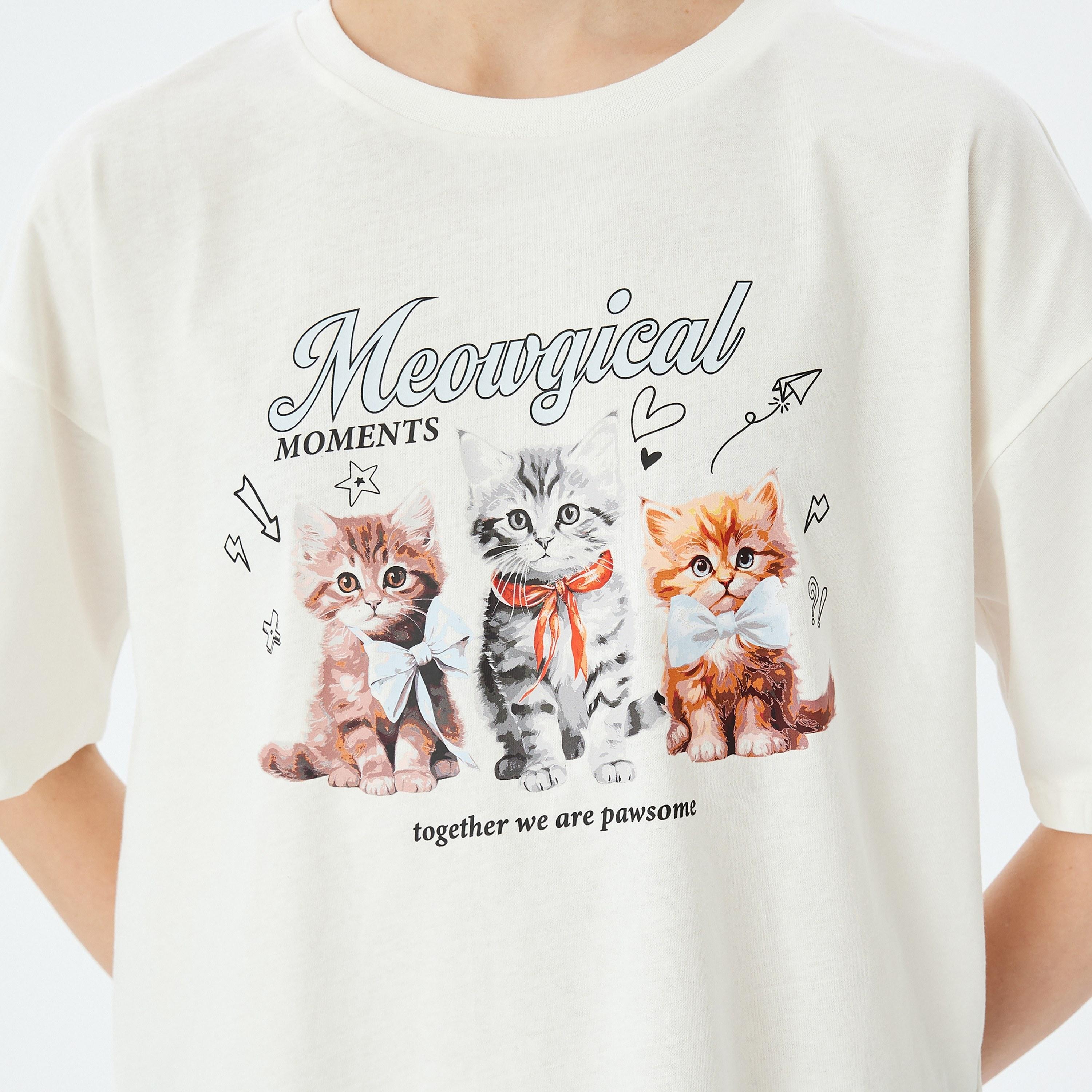 Koton White Graphic Cat Print Crew Neck Dropped Sleeves Women's T-Shirt-women-clothing-tshirts-image-4