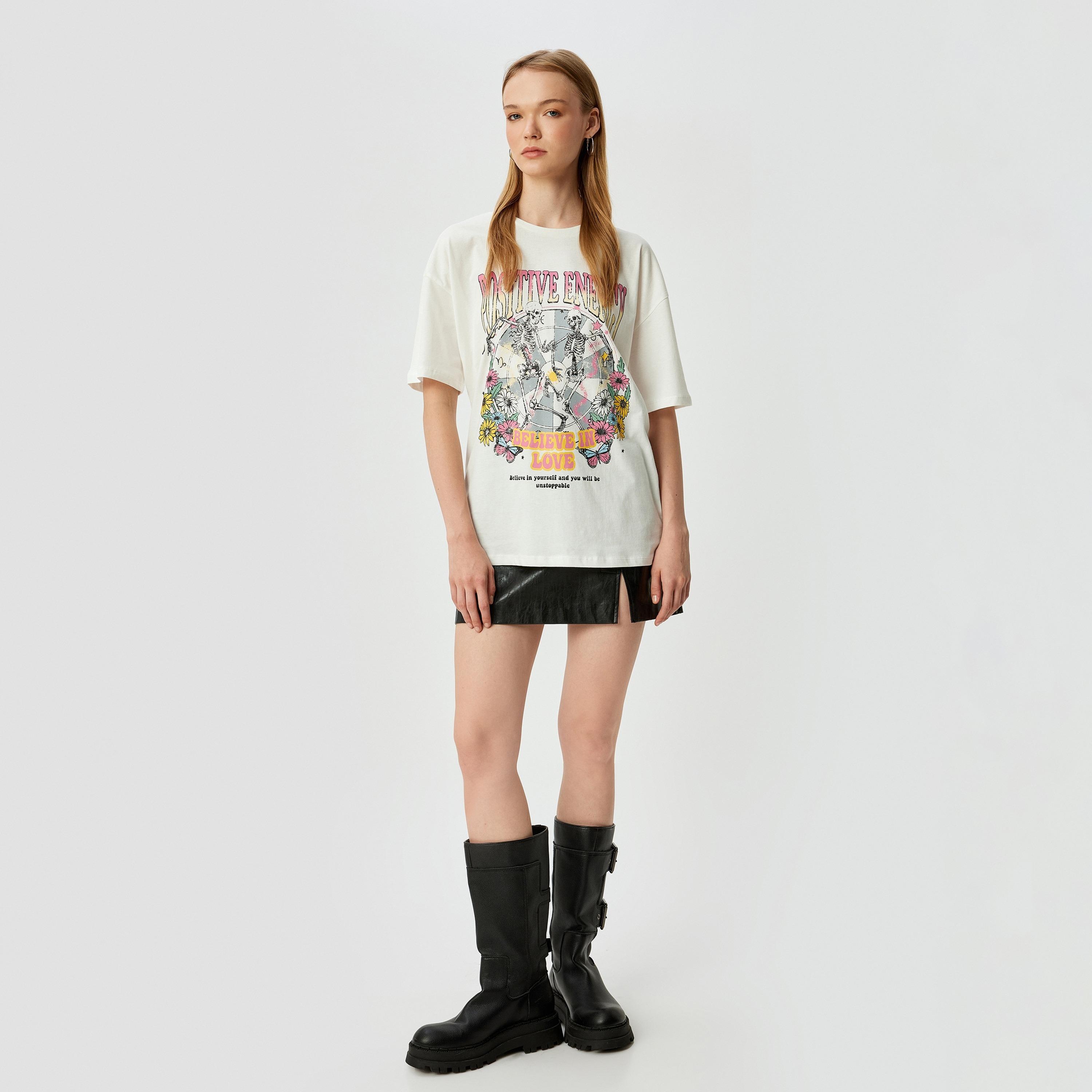 كوتون الأبيض بنقشة قطط برقبة دائرية بأكمام منخفضة وقميص نسائي-women-clothing-tshirts-image-2