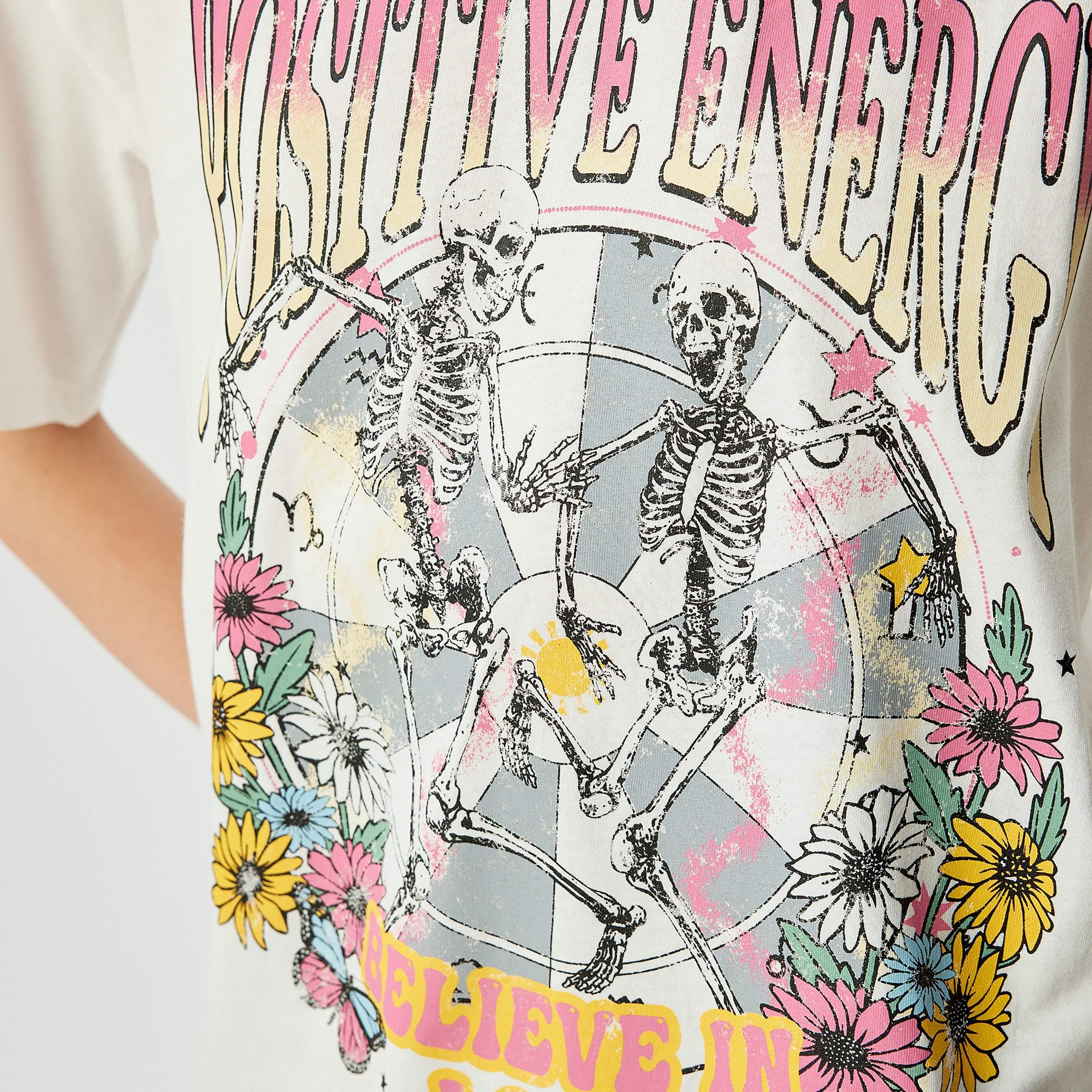 كوتون الأبيض بنقشة قطط برقبة دائرية بأكمام منخفضة وقميص نسائي-women-clothing-tshirts-image-4