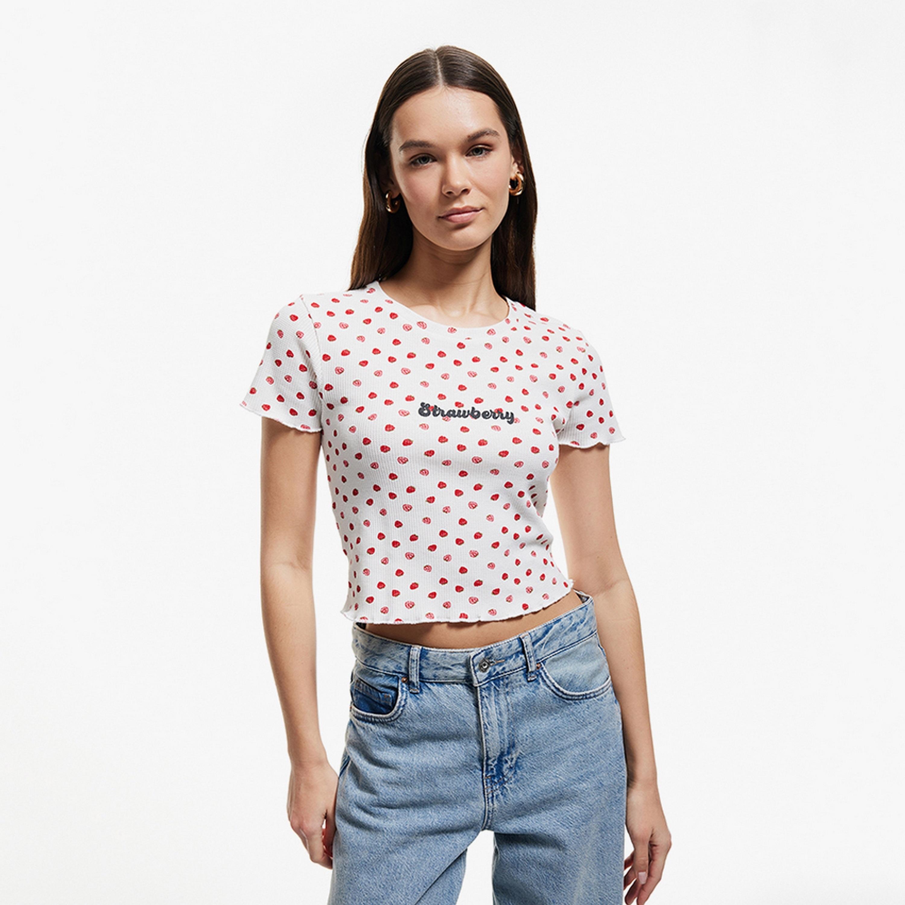 KOTON White Strawberry Print Crew Neck Short Sleeves Women's T-Shirt-women-clothing-tshirts-image-1