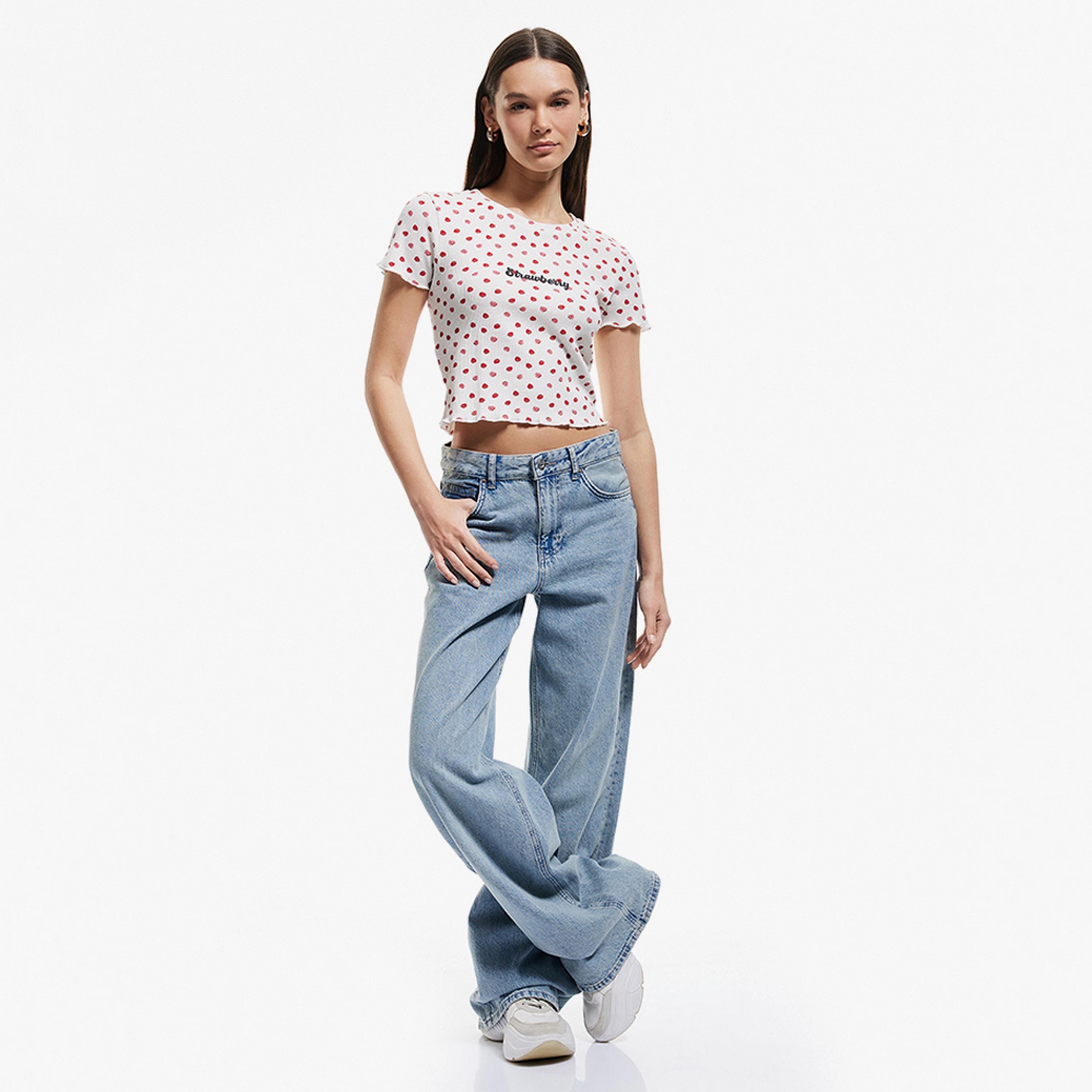 KOTON White Strawberry Print Crew Neck Short Sleeves Women's T-Shirt-women-clothing-tshirts-image-2