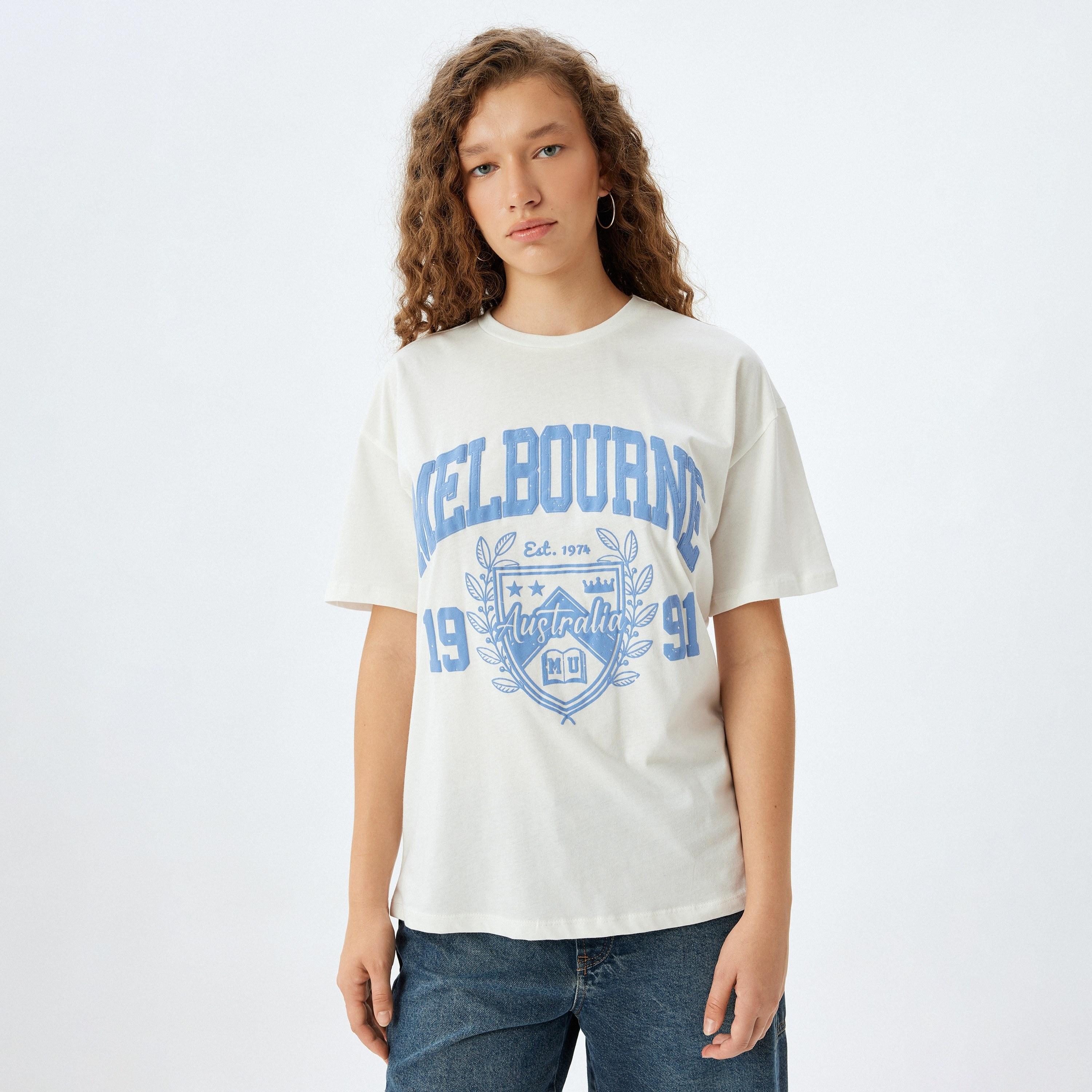 Koton White Text-Print Crew Neck Dropped Sleeves Women's T-Shirt-women-clothing-tshirts-image-1