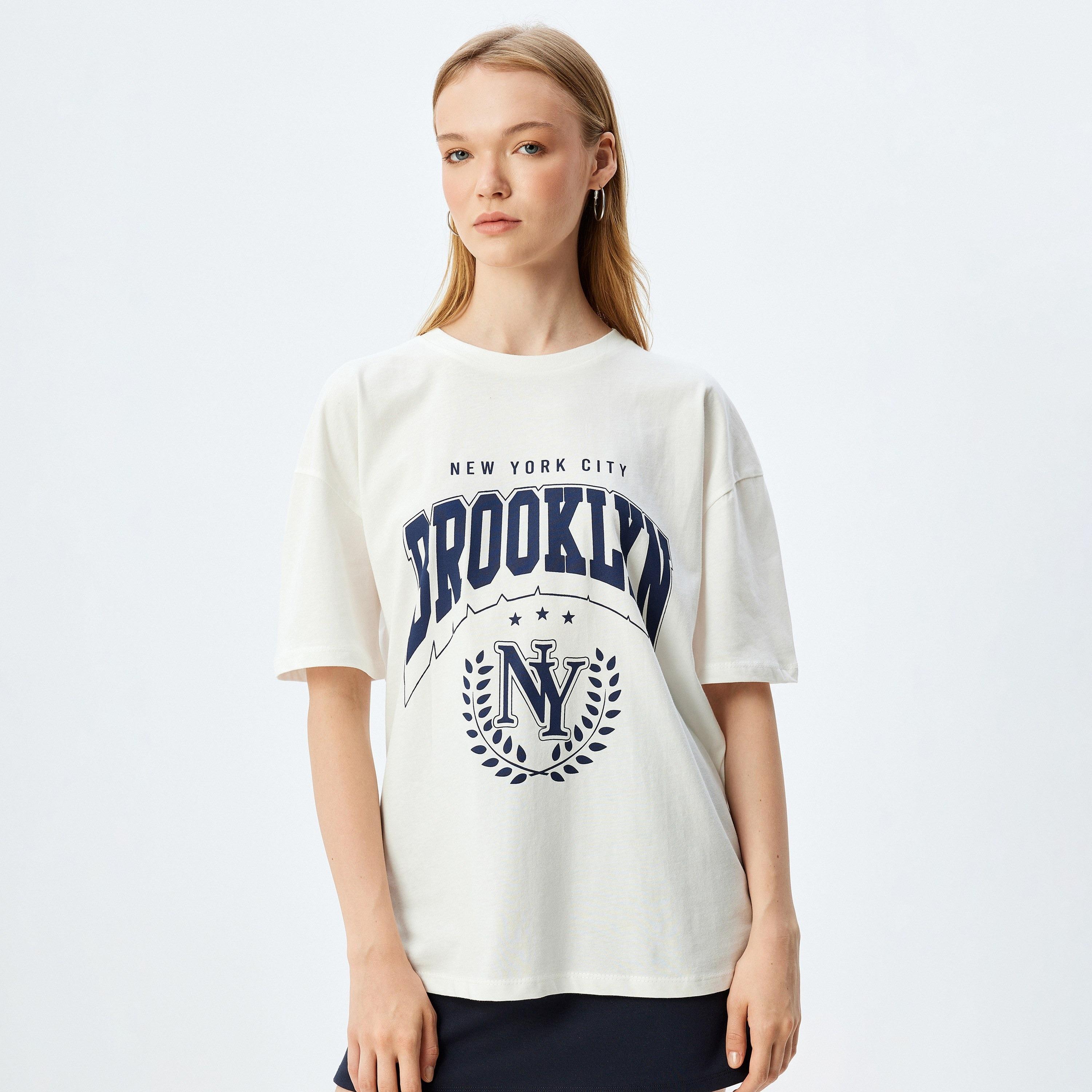 Koton White Text-Print Crew Neck Dropped Sleeves Women's T-Shirt-women-clothing-tshirts-image-1