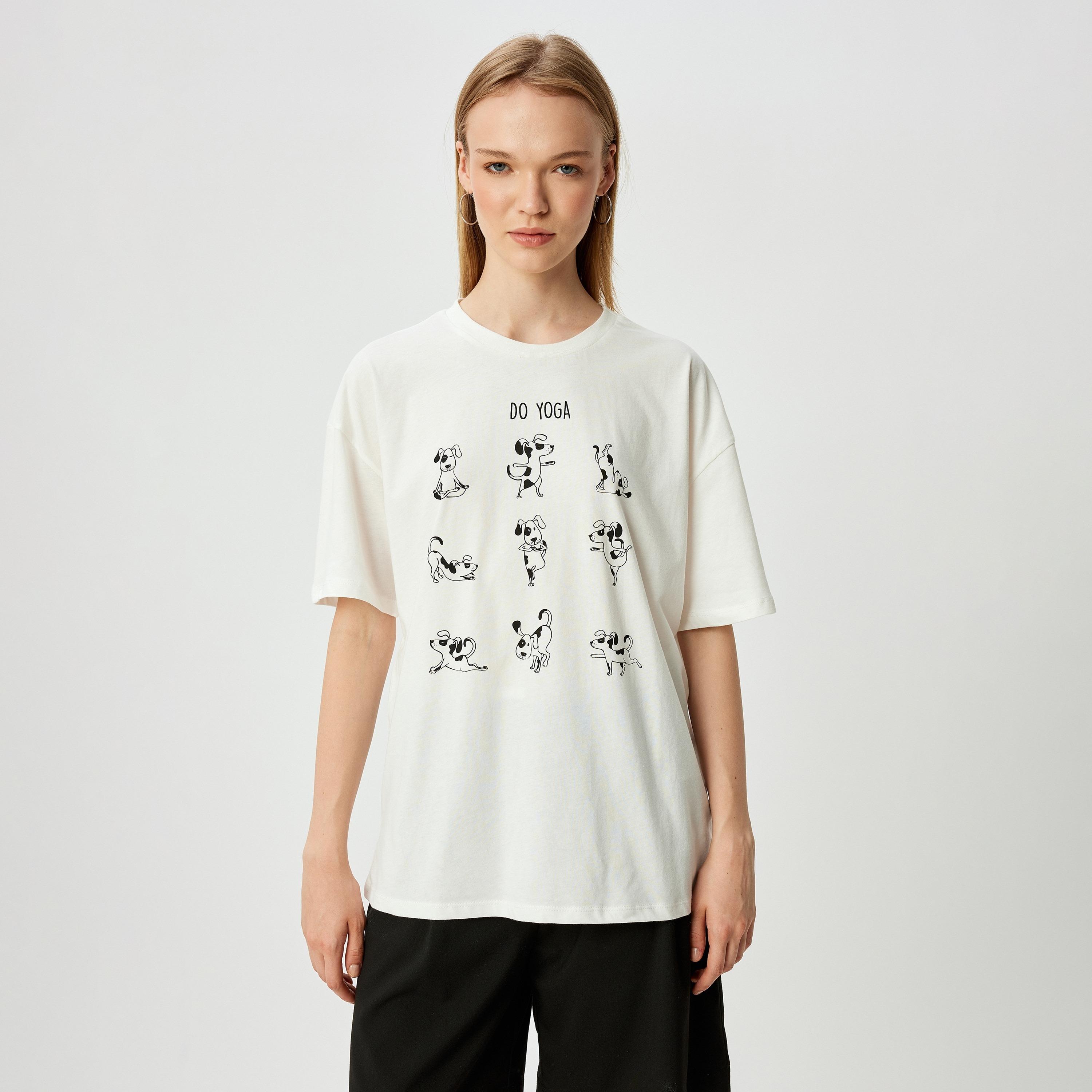 Koton White Dogs Yoga Print Crew Neck Dropped Sleeves Women's T-Shirt-women-clothing-tshirts-image-1