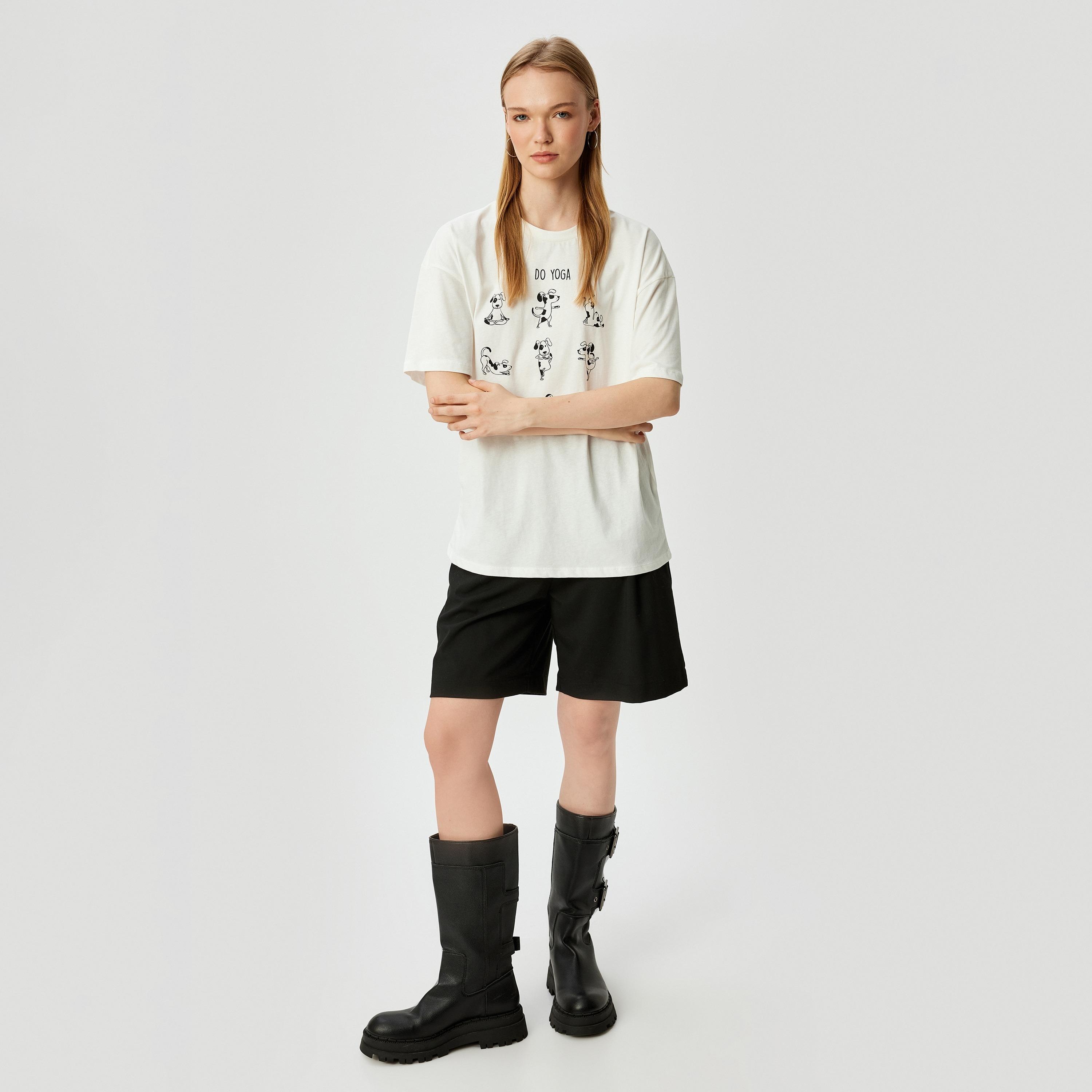 Koton White Dogs Yoga Print Crew Neck Dropped Sleeves Women's T-Shirt-women-clothing-tshirts-image-2