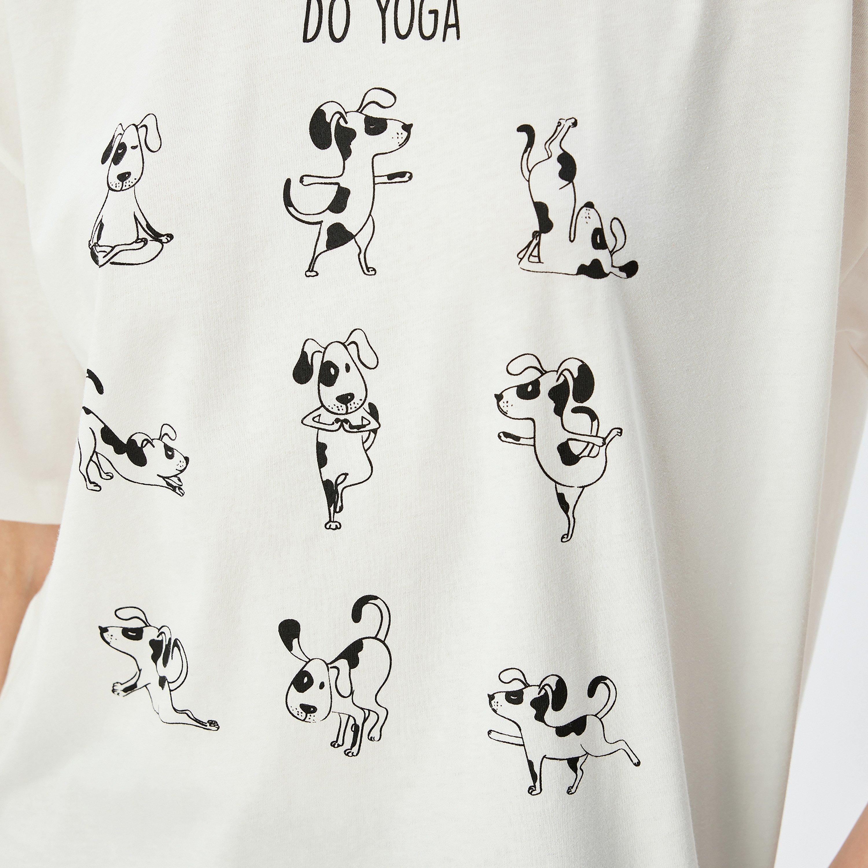 Koton White Dogs Yoga Print Crew Neck Dropped Sleeves Women's T-Shirt-women-clothing-tshirts-image-4