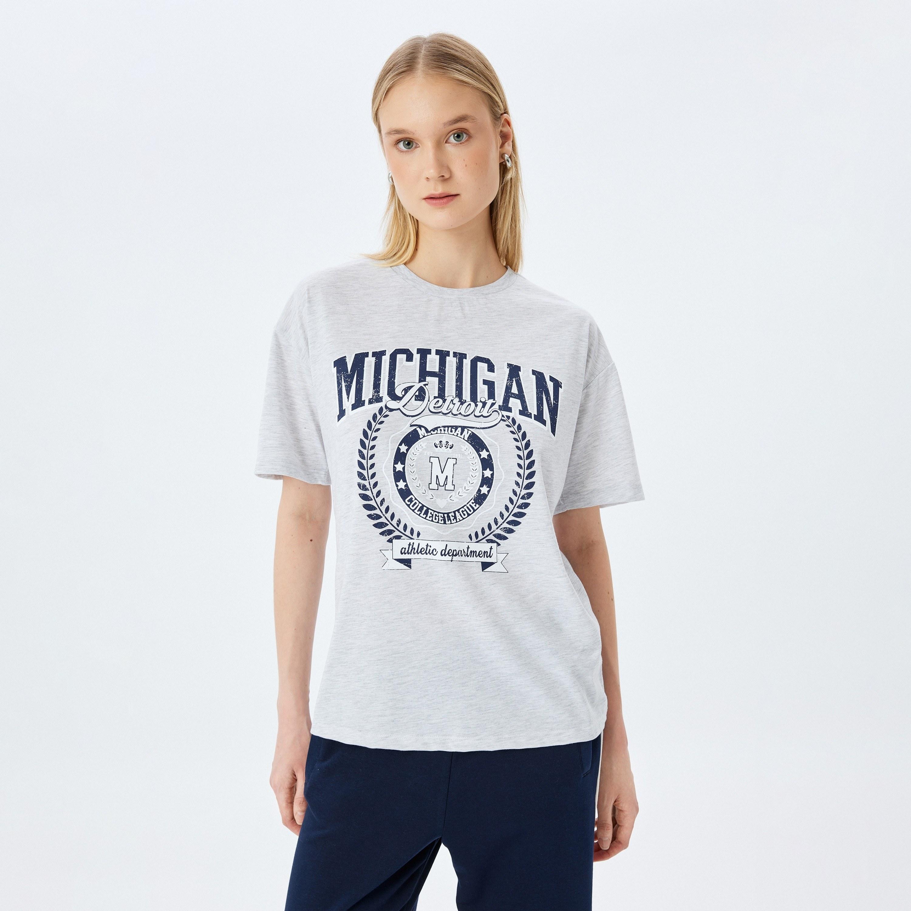 Koton Grey Printed Crew Neck Dropped Sleeves Women's T-Shirt-women-clothing-tshirts-image-1