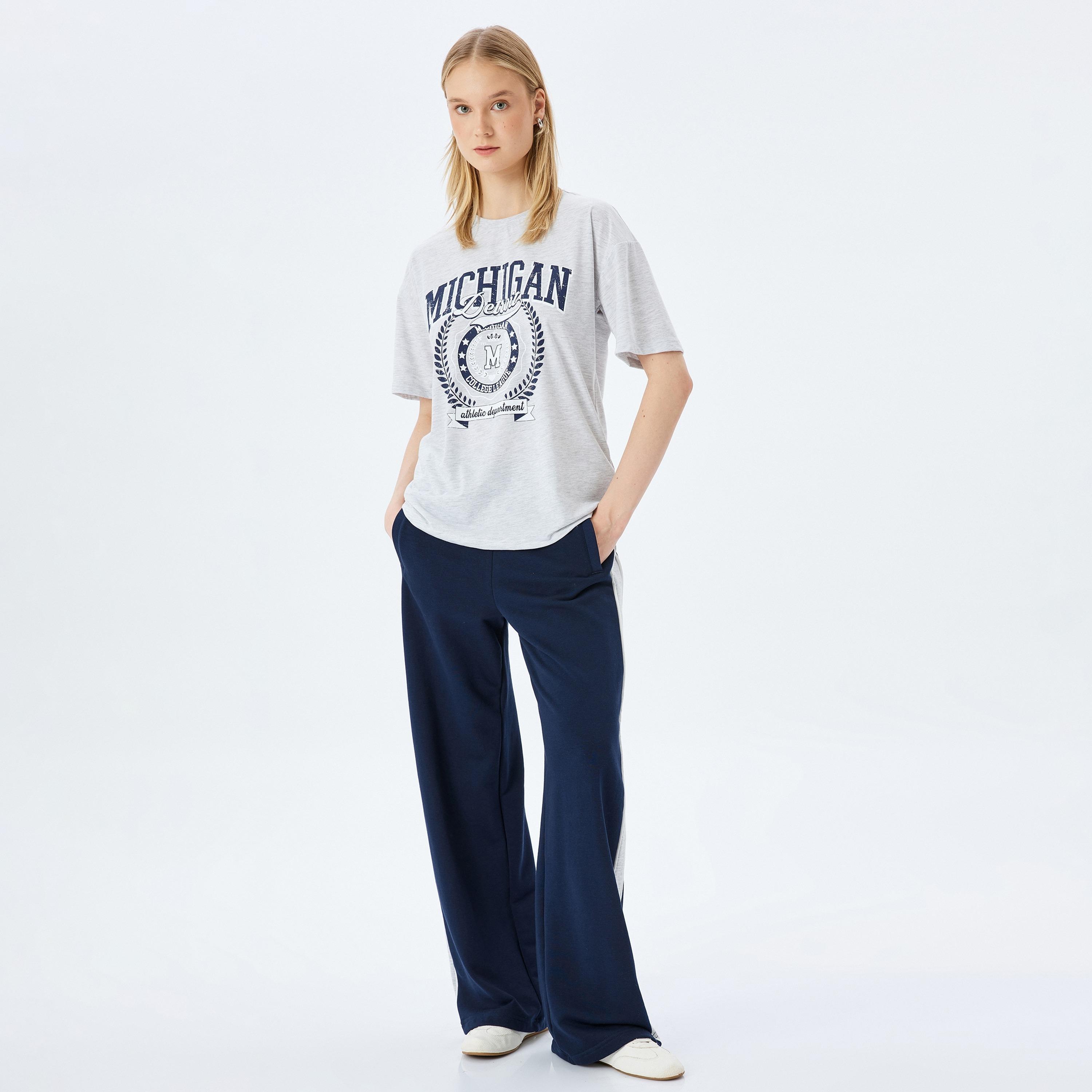 Koton Grey Printed Crew Neck Dropped Sleeves Women's T-Shirt-women-clothing-tshirts-image-2