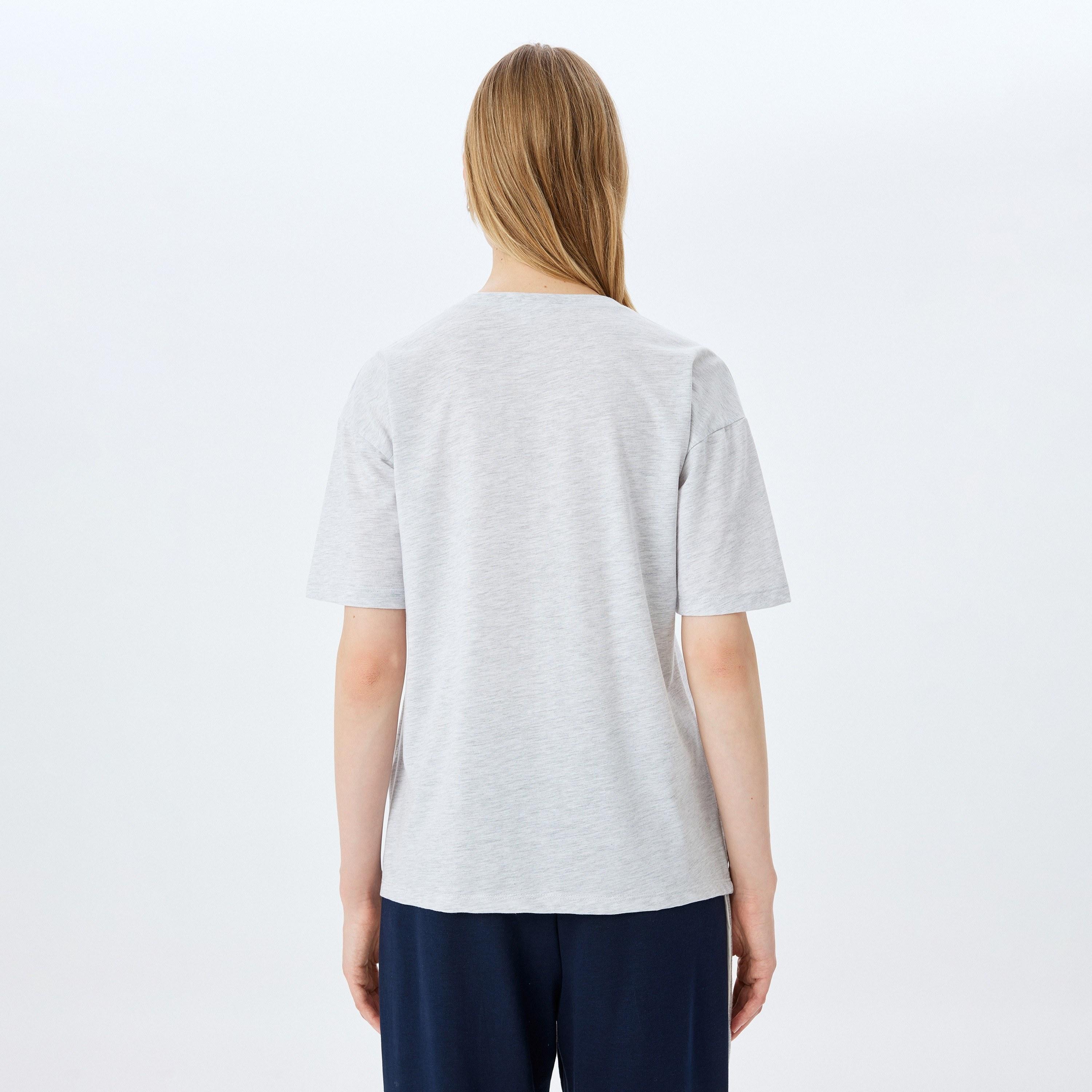 Koton Grey Printed Crew Neck Dropped Sleeves Women's T-Shirt-women-clothing-tshirts-image-3