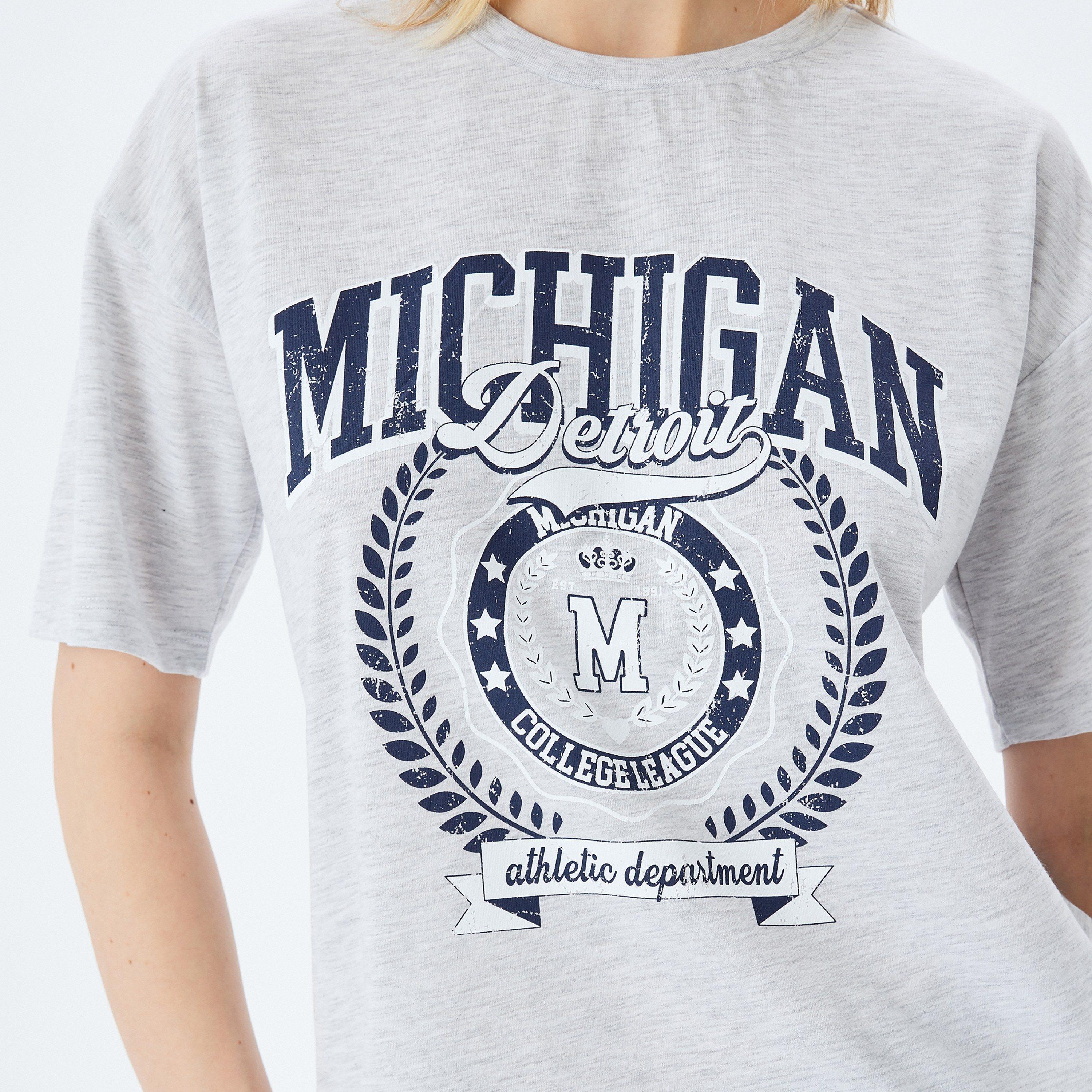 Koton Grey Printed Crew Neck Dropped Sleeves Women's T-Shirt-women-clothing-tshirts-image-4