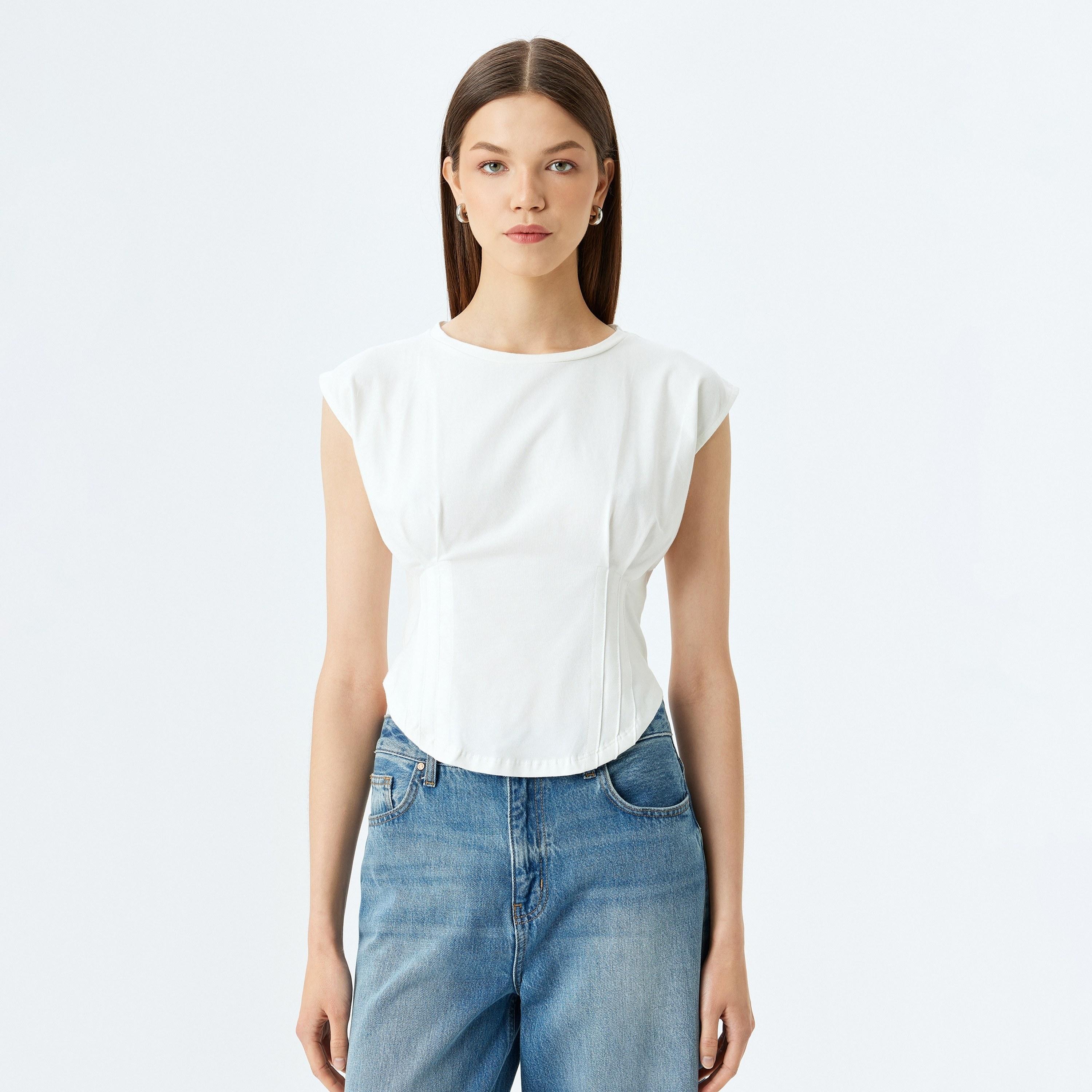 Koton White Plain Round Neck Cap Sleeves Women's Top-women-clothing-shirtsandblouses-blouses-image-1