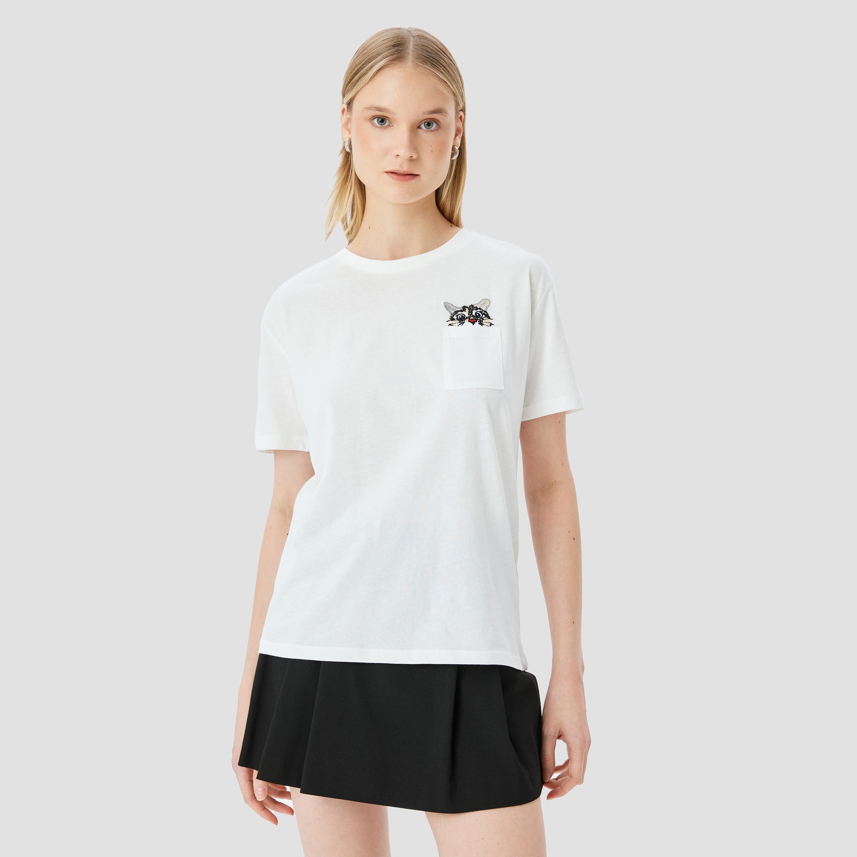 Koton White Embroidered Cat Detail Crew Neck Short Sleeves Women's T-Shirt-women-clothing-tshirts-image-1