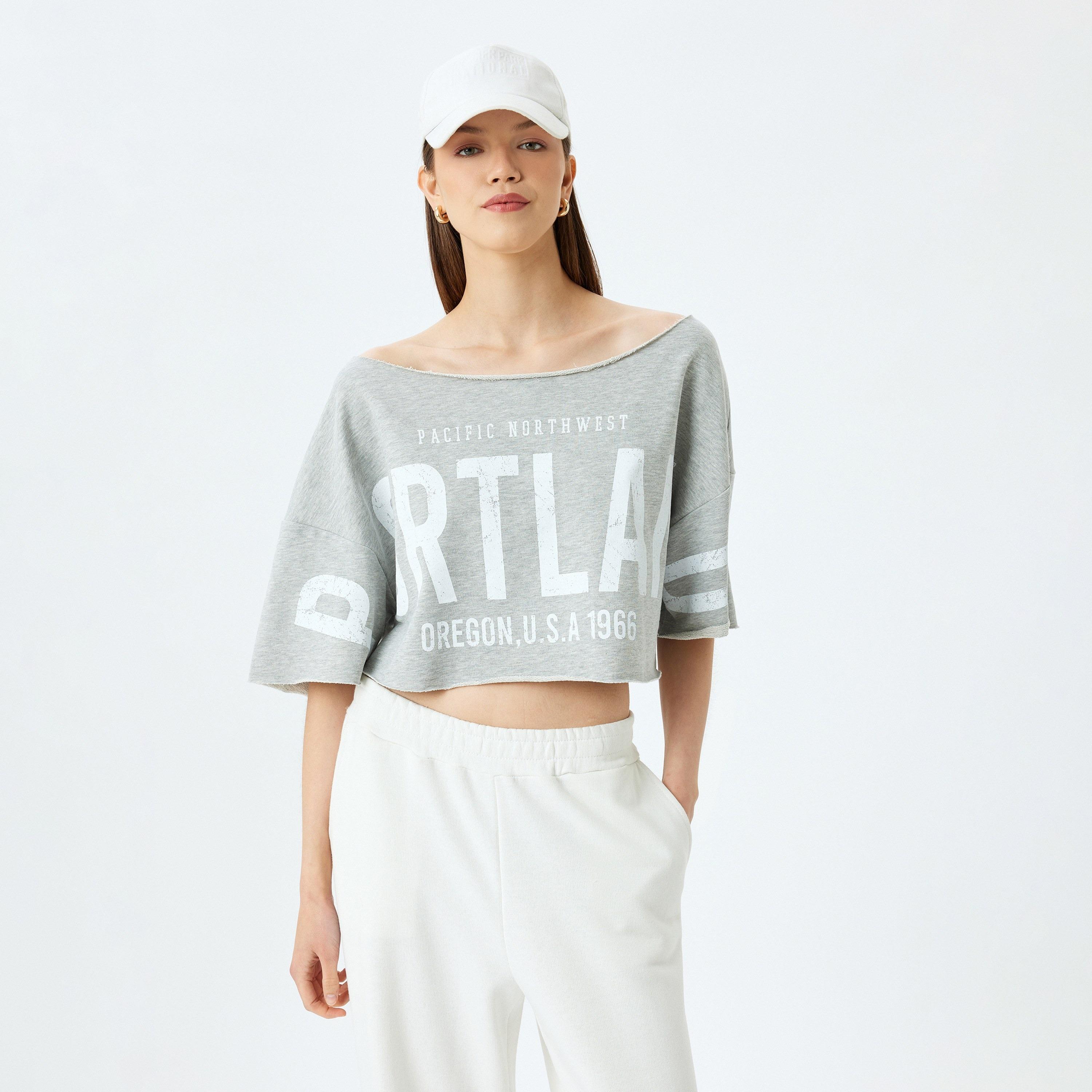 Koton Grey Graphic Text-Print Boat Neck Dropped Sleeves Women's Top-women-clothing-shirtsandblouses-blouses-image-1
