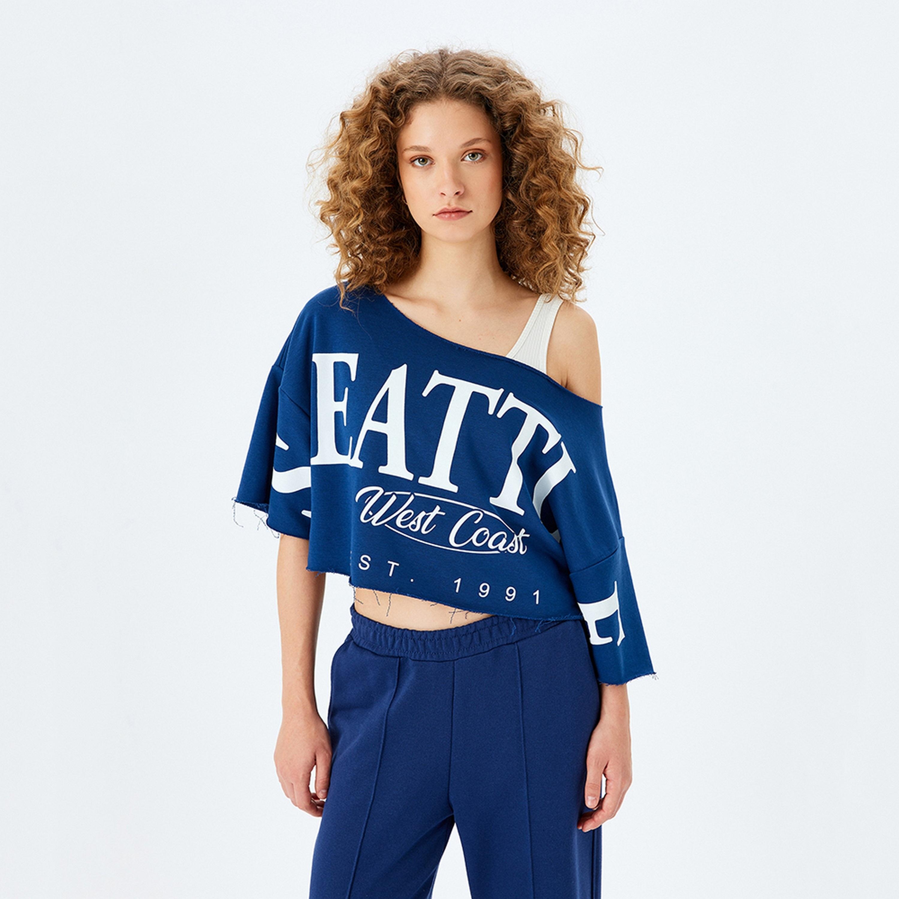 KOTON Blue Text Print Asymmetric Neck Drop Shoulder Sleeves Women's Top-women-clothing-shirtsandblouses-blouses-image-1