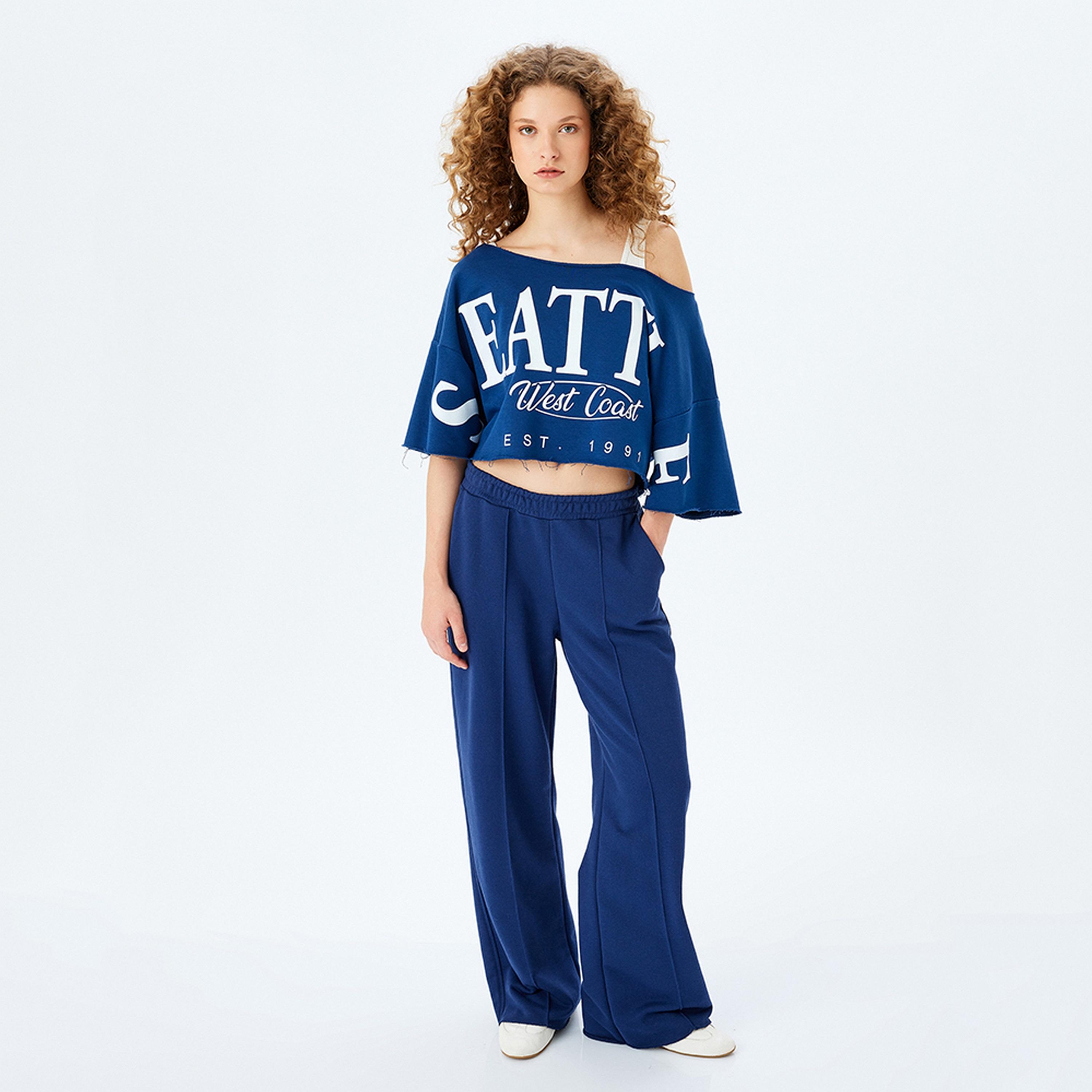 KOTON Blue Text Print Asymmetric Neck Drop Shoulder Sleeves Women's Top-women-clothing-shirtsandblouses-blouses-image-2