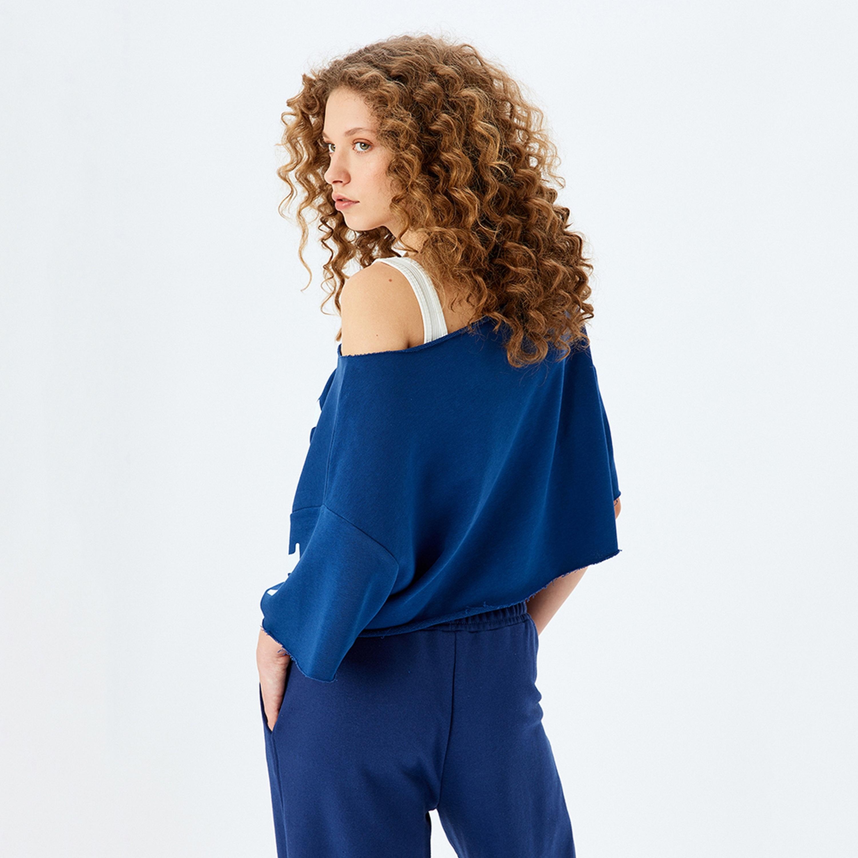 KOTON Blue Text Print Asymmetric Neck Drop Shoulder Sleeves Women's Top-women-clothing-shirtsandblouses-blouses-image-3