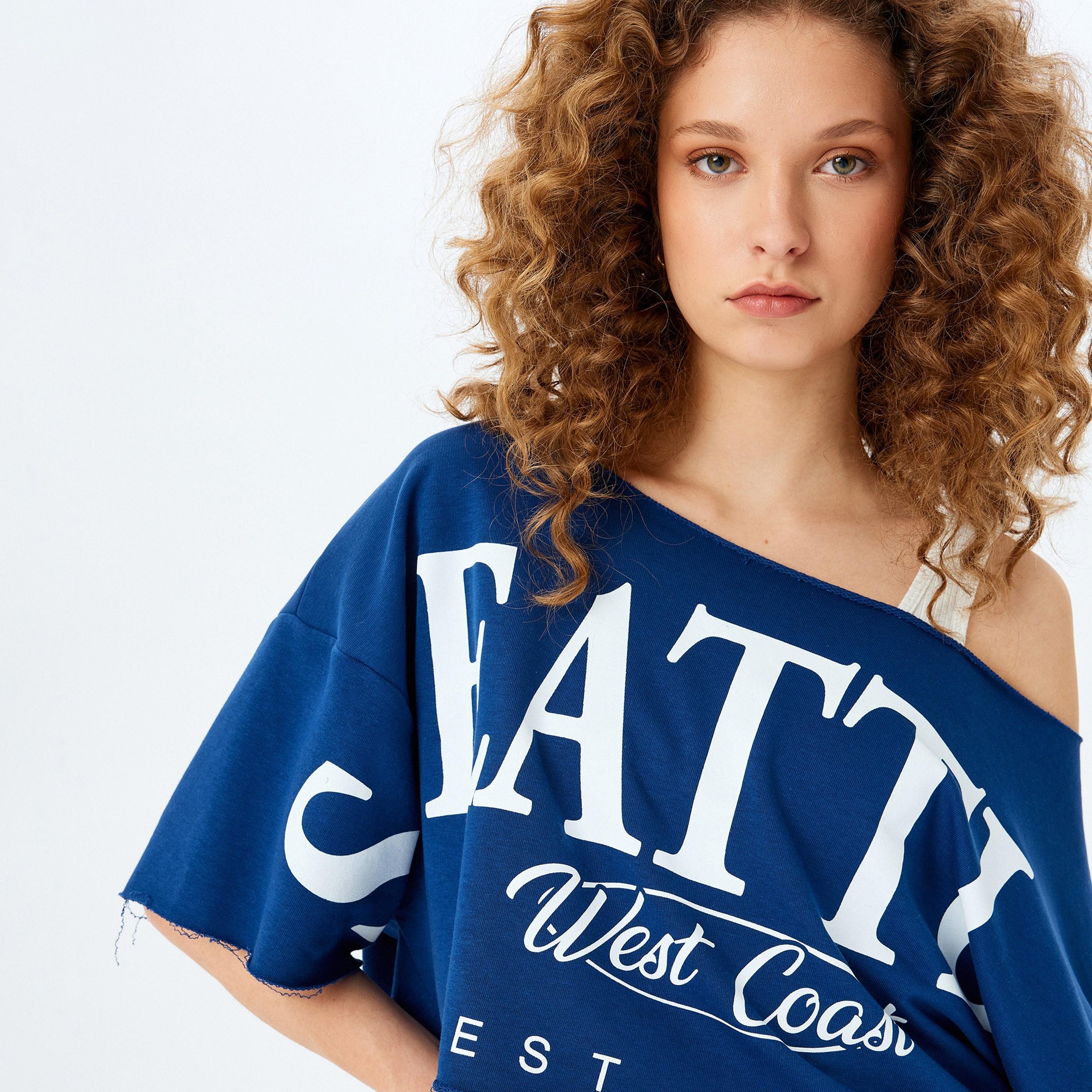 KOTON Blue Text Print Asymmetric Neck Drop Shoulder Sleeves Women's Top-women-clothing-shirtsandblouses-blouses-image-4