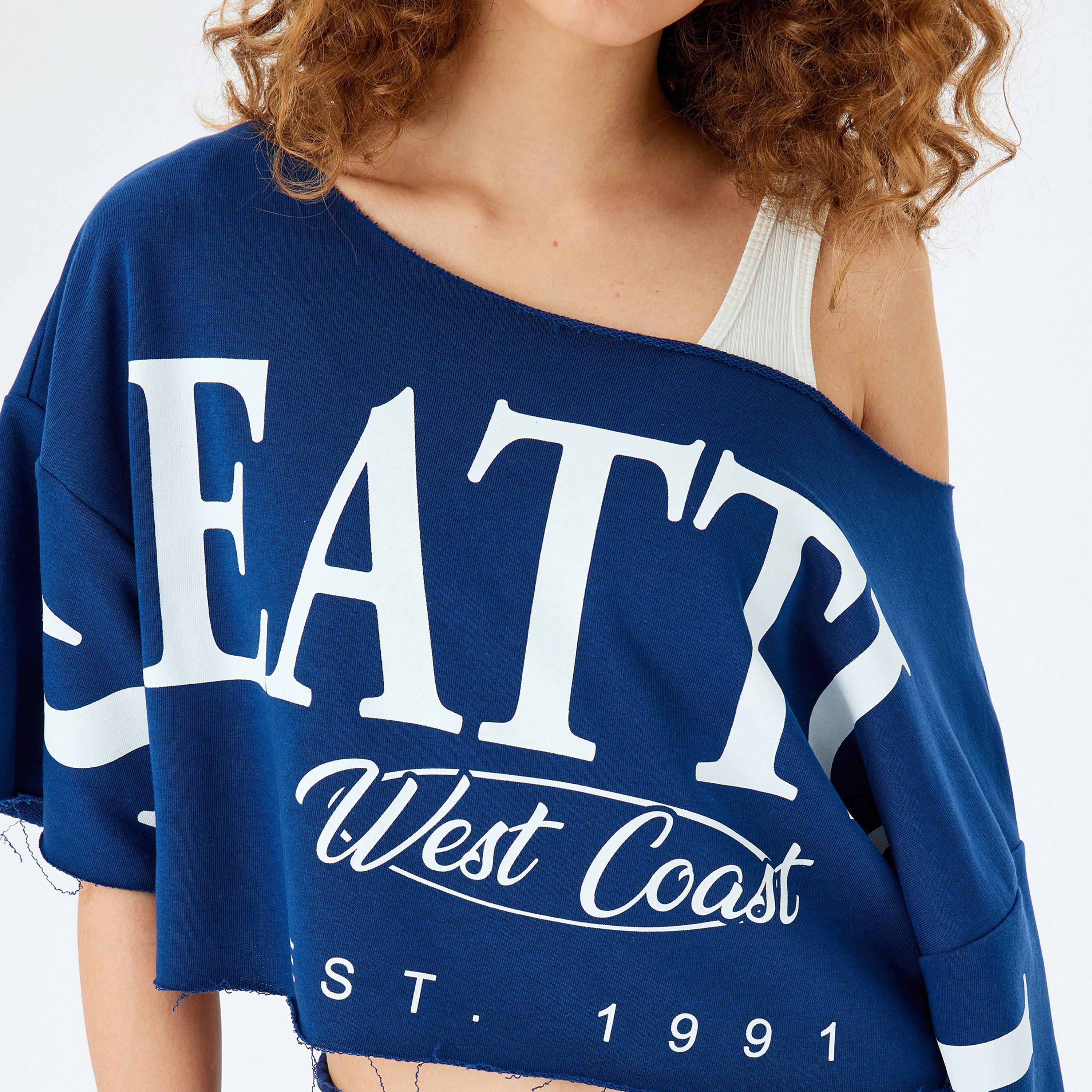 KOTON Blue Text Print Asymmetric Neck Drop Shoulder Sleeves Women's Top-women-clothing-shirtsandblouses-blouses-image-5