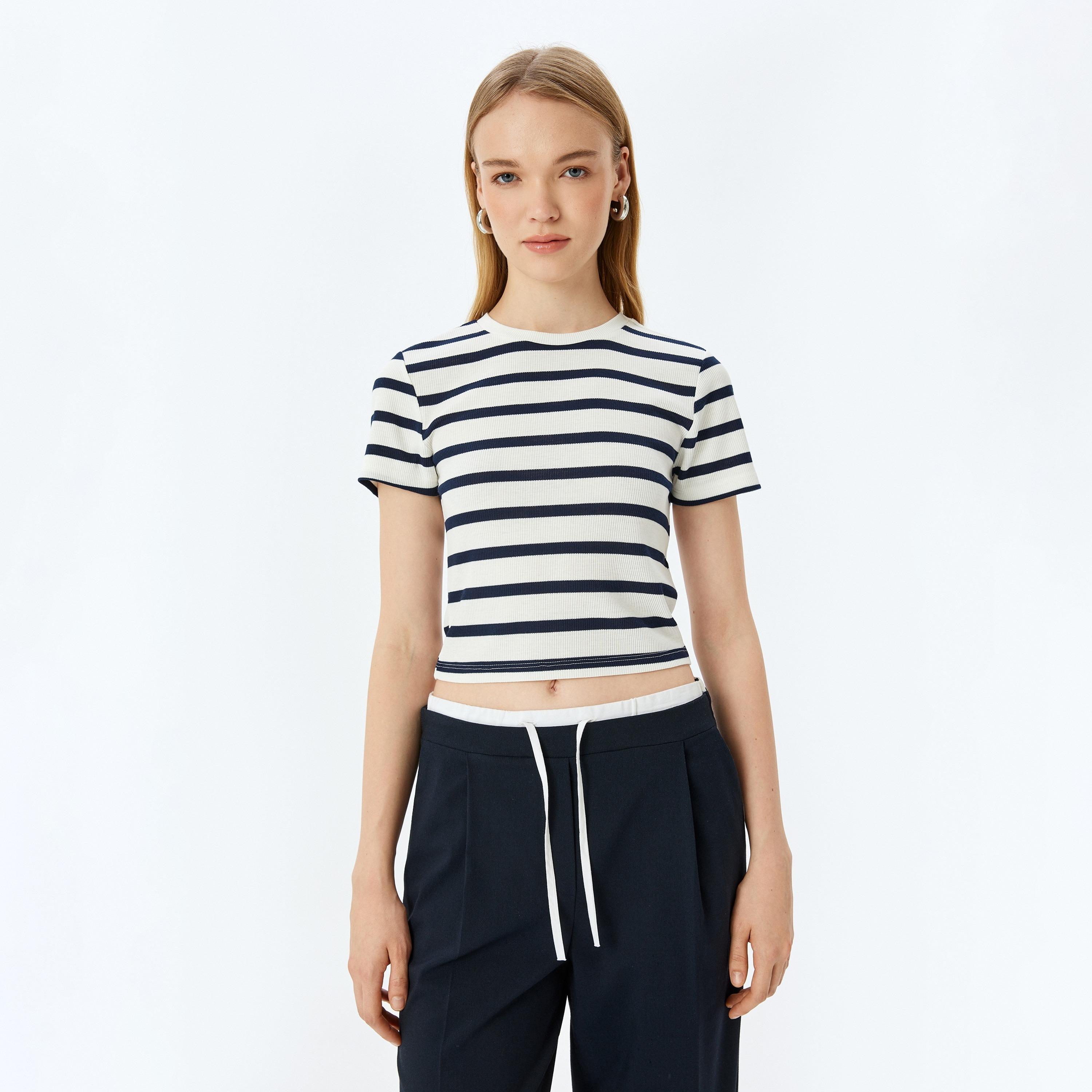 Koton Ribbed Striped Crew Neck Short Sleeves Women's T-Shirt-women-clothing-tshirts-image-1