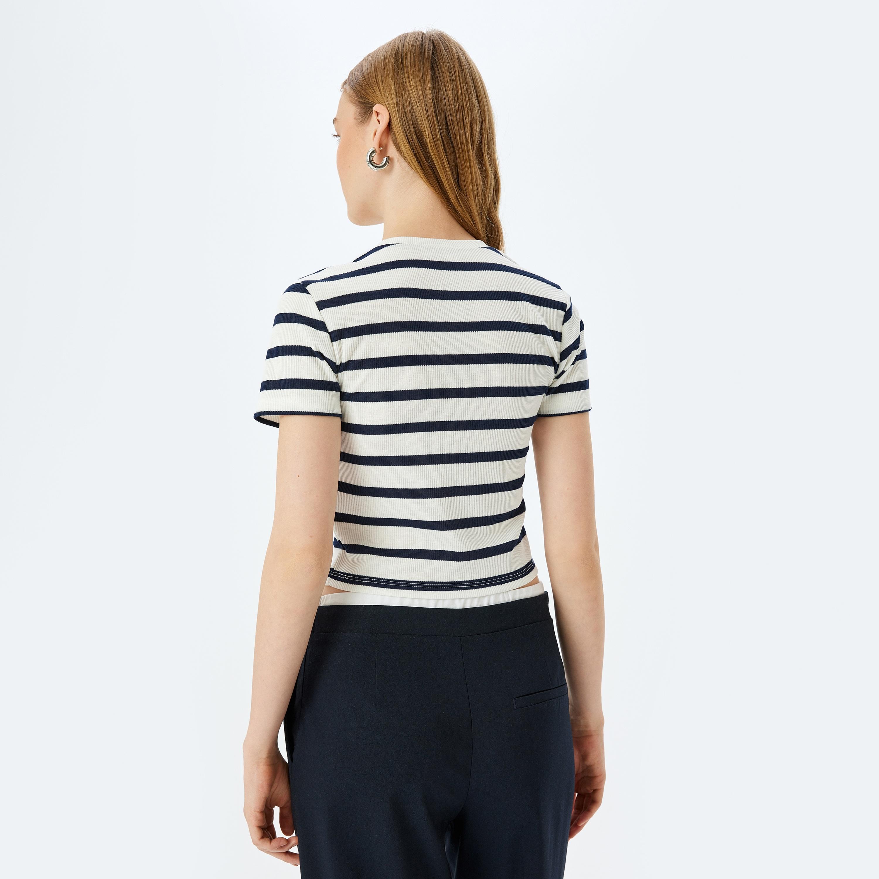 Koton Ribbed Striped Crew Neck Short Sleeves Women's T-Shirt-women-clothing-tshirts-image-3