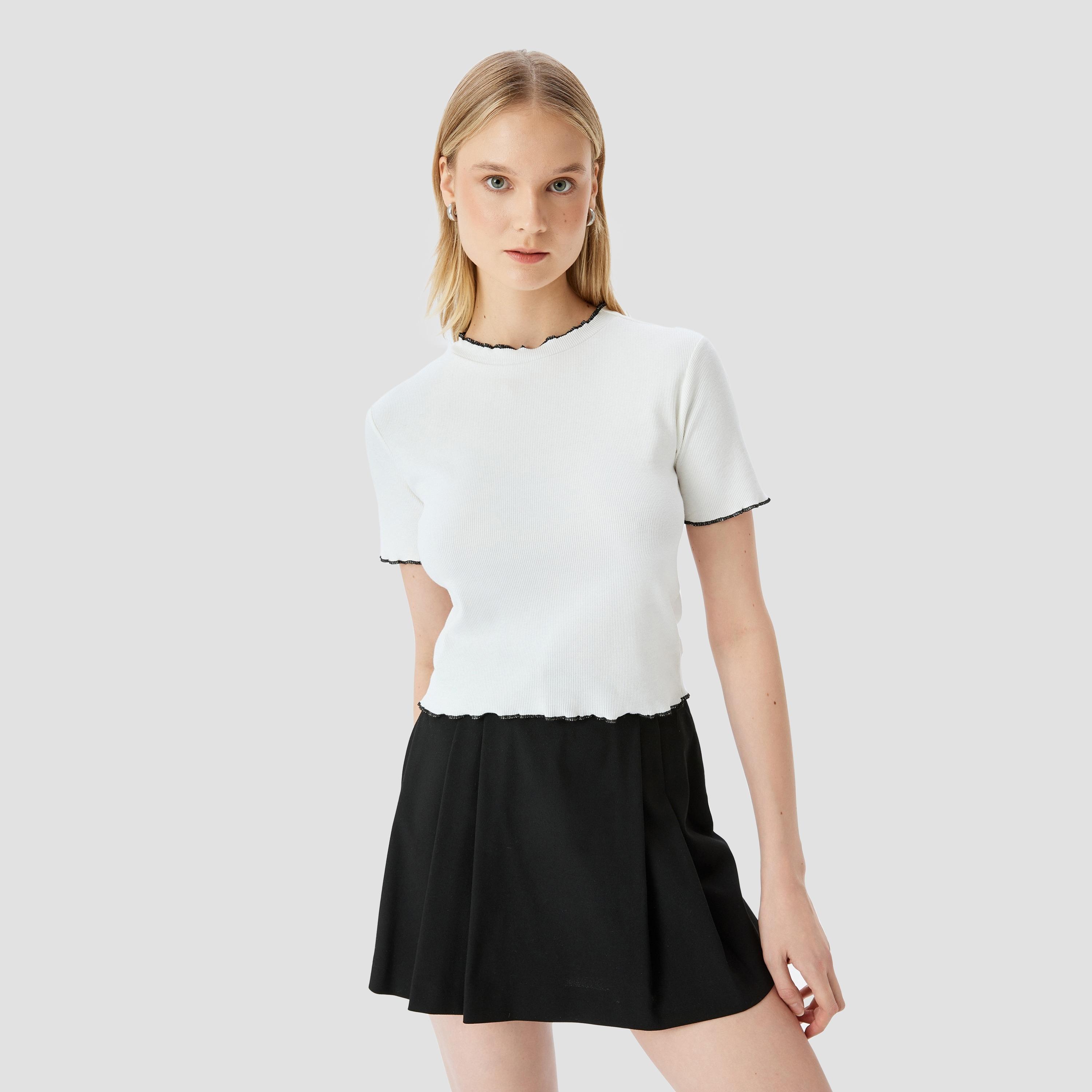 Koton White Ribbed Round Neck Short Sleeves Women's T-Shirt-women-clothing-tshirts-image-1