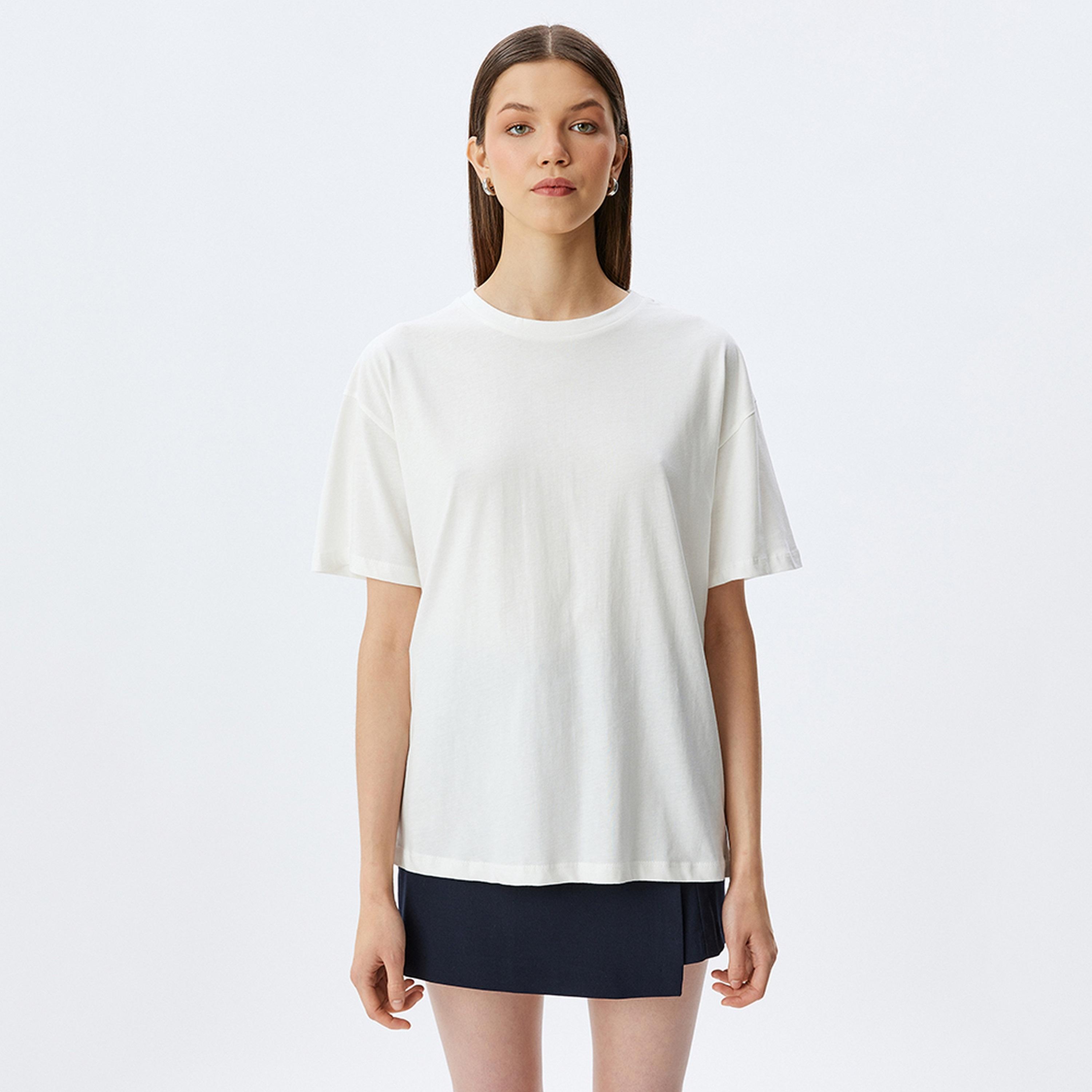 KOTON White Cotton Crew Neck Short Sleeves Women's T-Shirt-women-clothing-tshirts-image-1