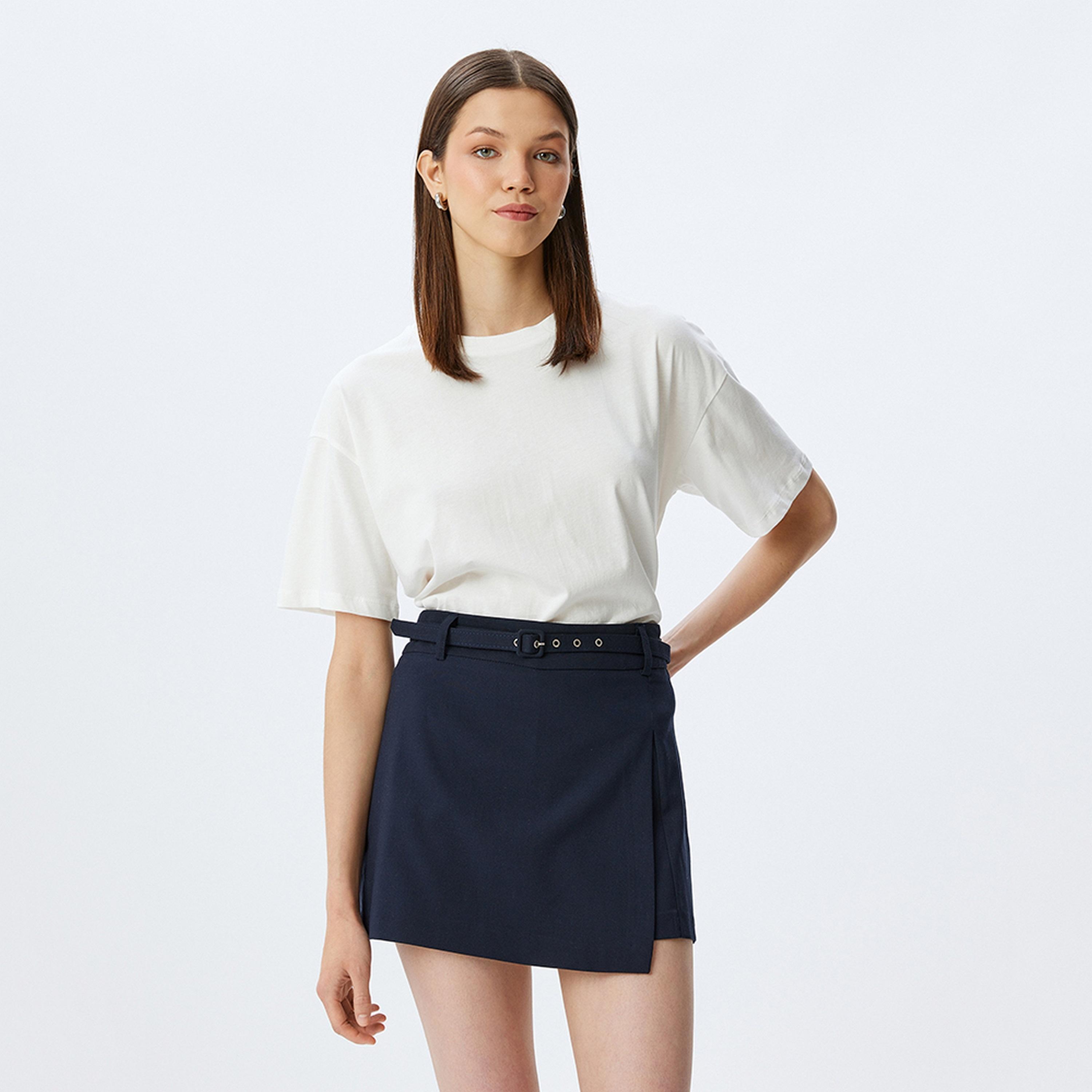 KOTON White Cotton Crew Neck Short Sleeves Women's T-Shirt-women-clothing-tshirts-image-5