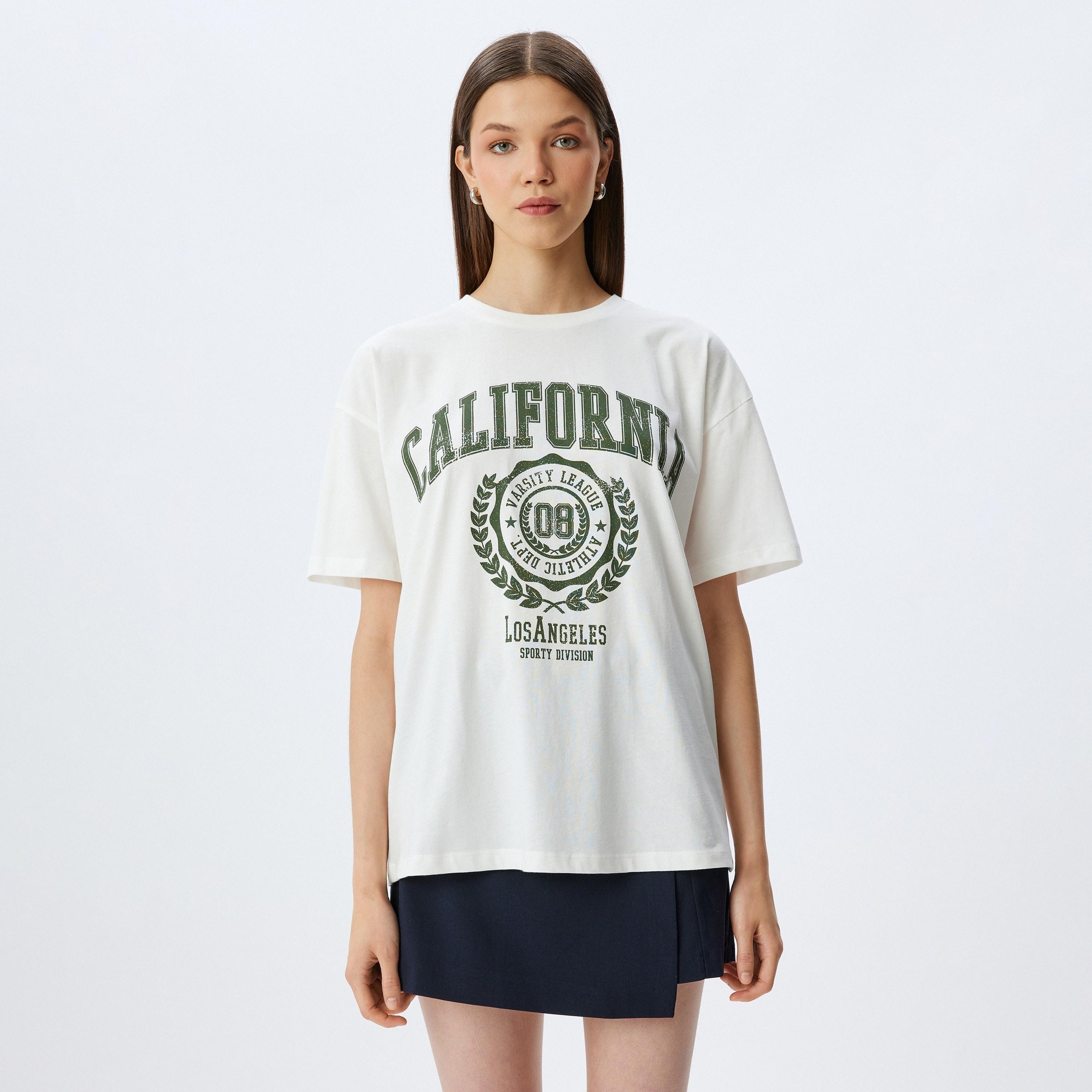 Koton White Graphic Print Crew Neck Dropped Sleeves Women's T-Shirt-women-clothing-tshirts-image-1