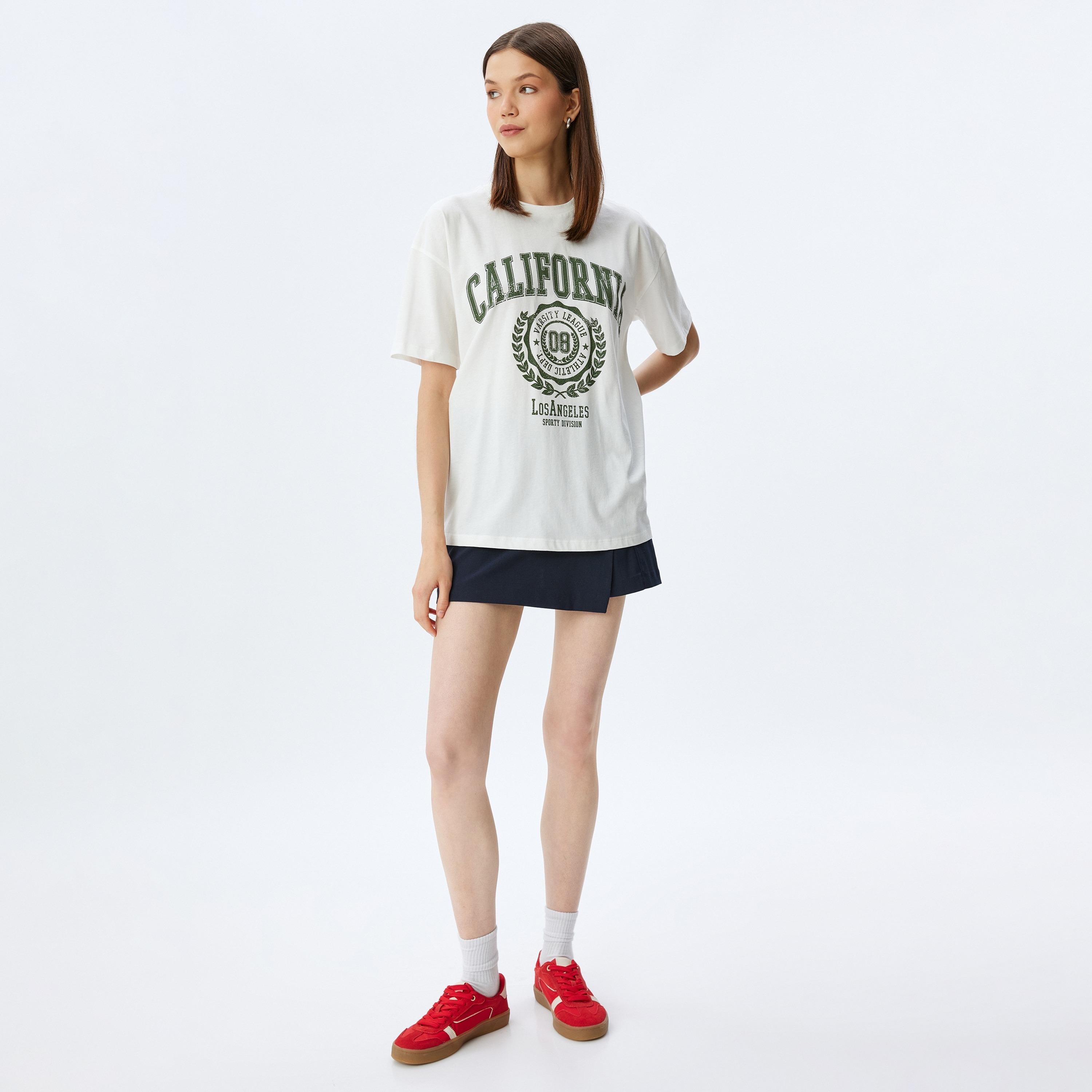 Koton White Graphic Print Crew Neck Dropped Sleeves Women's T-Shirt-women-clothing-tshirts-image-2