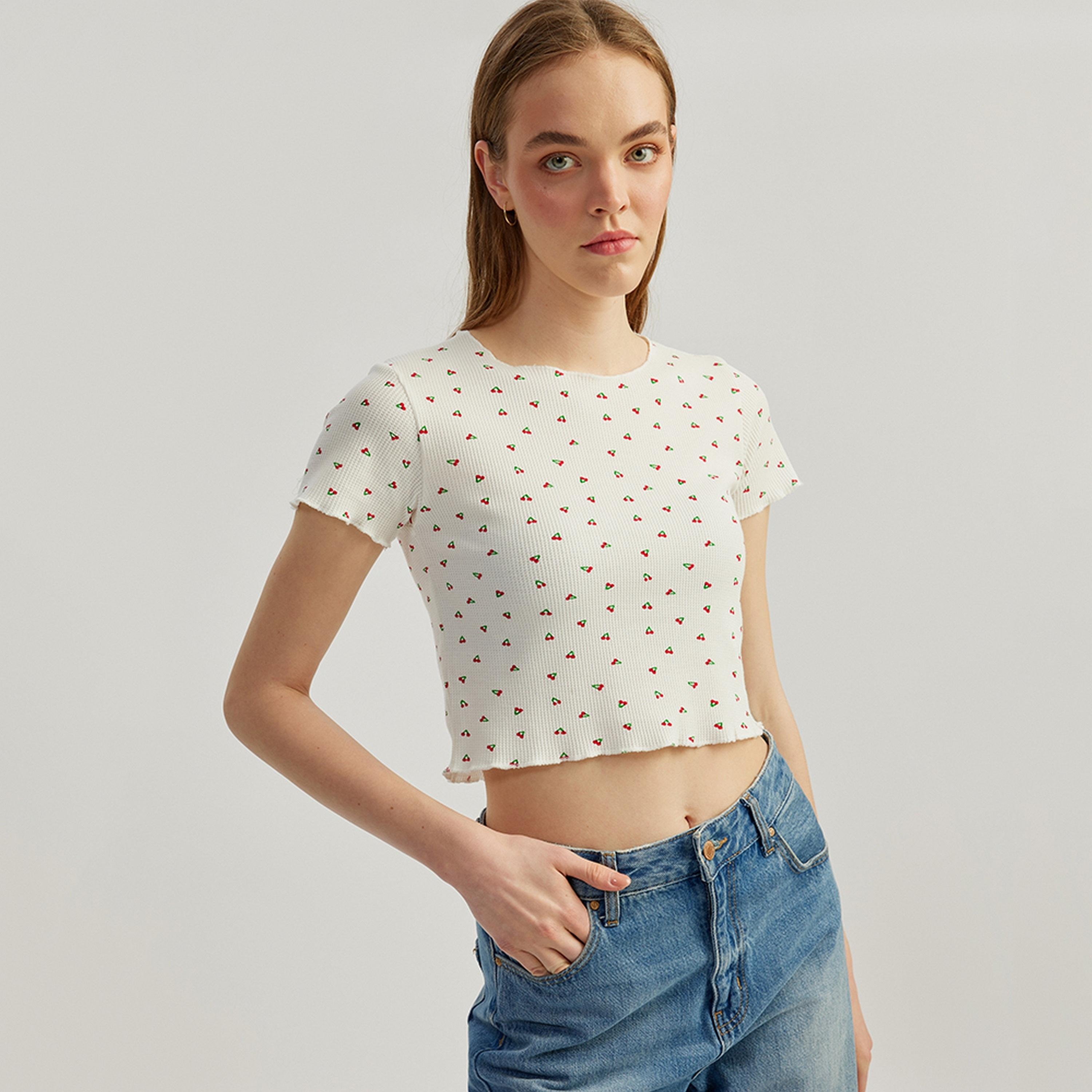 KOTON White Cherry Print Crew Neck Short Sleeves Women's Top-women-clothing-shirtsandblouses-blouses-image-1
