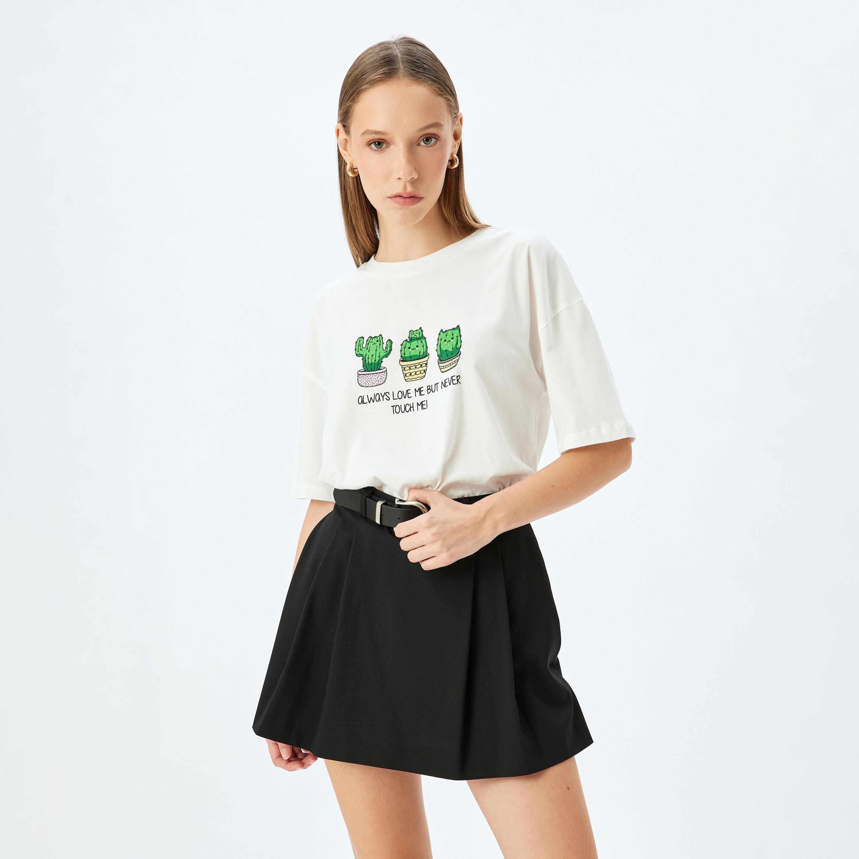 Koton White Graphic Print Crew Neck Dropped Sleeves Women's T-Shirt-women-clothing-tshirts-image-1